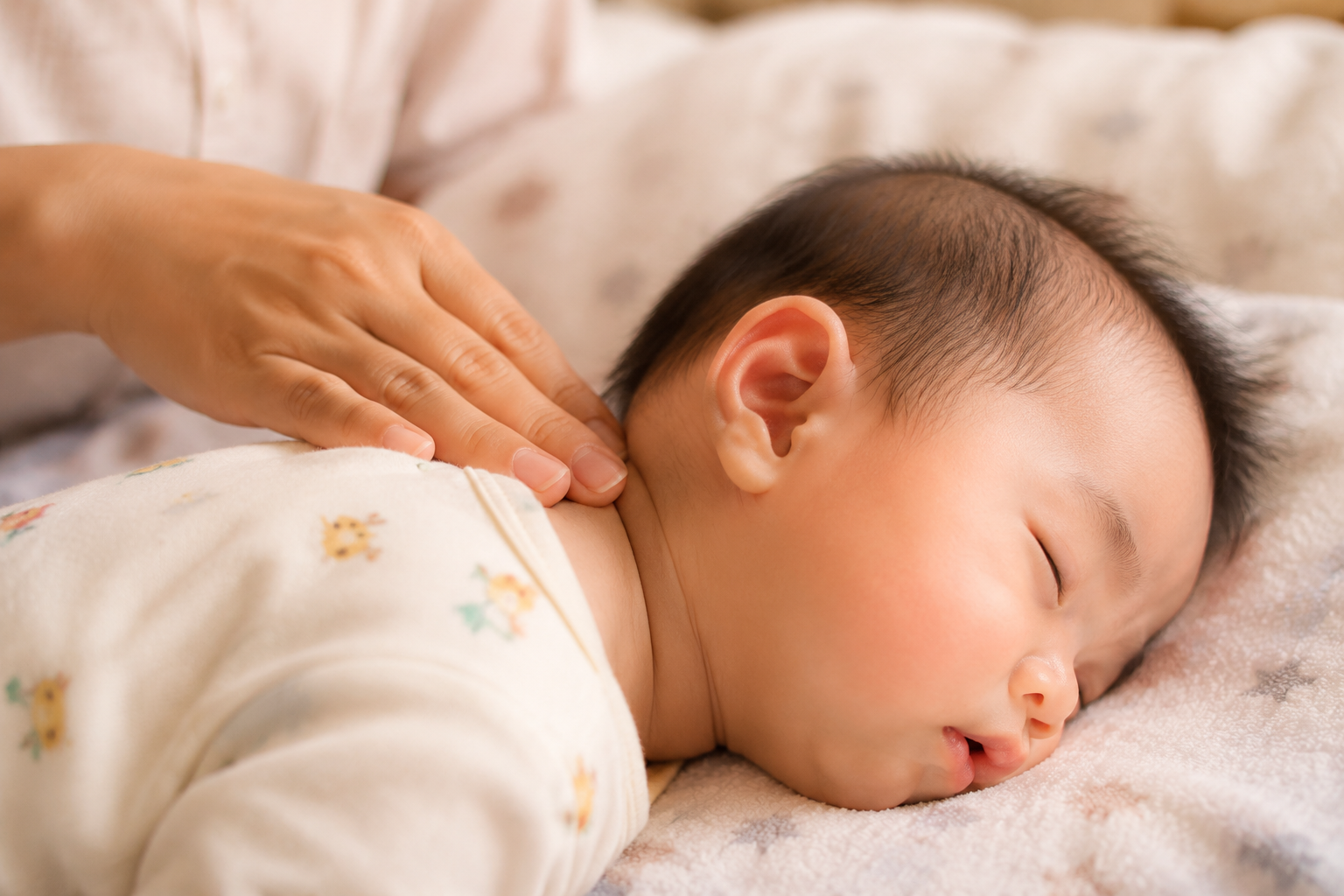 Close up shot, a gentle hand of a Chinese mother touching the back of the neck of a sleeping cute baby to check body temperature. The baby is sleeping comfortably on a soft mattress. Soft warm indoor lighting, educational lifestyle photography, blurred background, hyper-realistic, medical or parenting guide style, 8k --ar 3:4