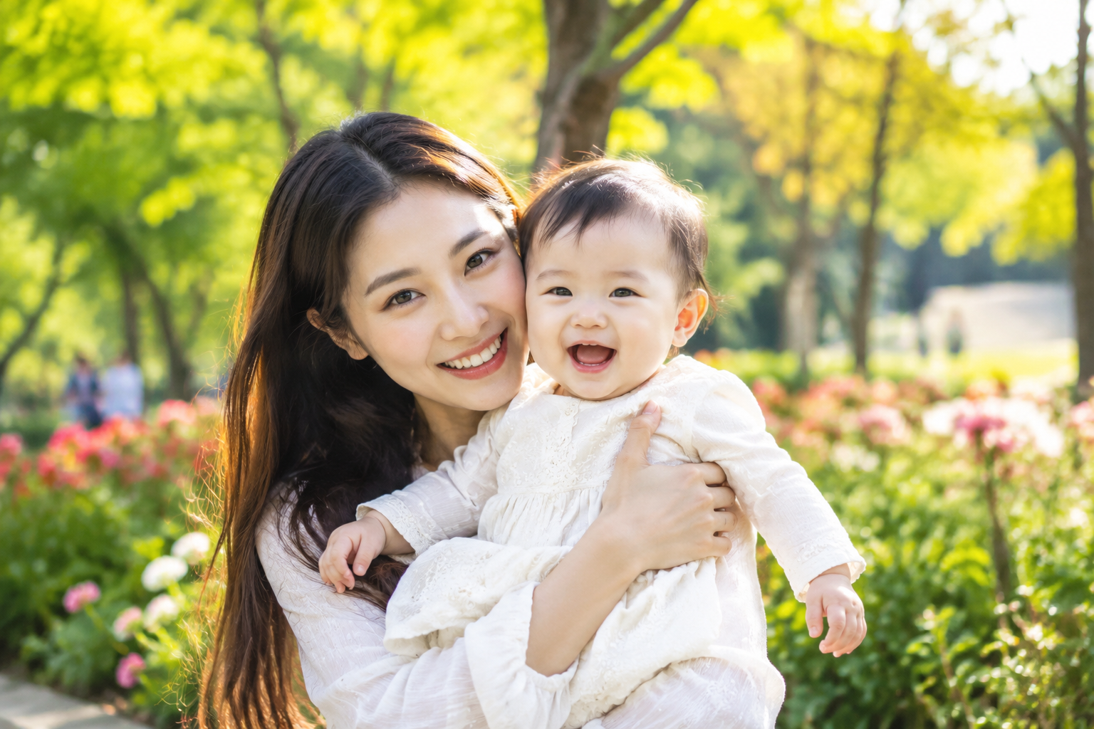A beautiful young Chinese mother and her adorable baby playing happily and breathing freely in a vibrant spring park, no allergy symptoms, surrounded by green trees, blooming flowers, and soft warm sunlight. Vivid colors, high details, family portrait style, cheerful mood, 8k, photorealistic --ar 4:3