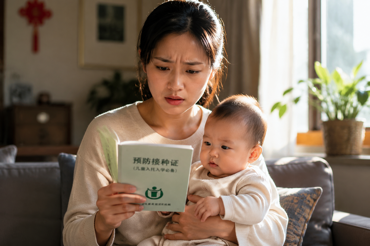 A medium shot of an anxious Chinese young mother holding her cute 6-month-old baby, looking at a vaccination record book in her hand. The background is a cozy modern Chinese living room with soft natural sunlight shining through the window. Realistic photography style, 8k resolution, cinematic lighting, delicate skin texture, highly detailed. --ar 3:4