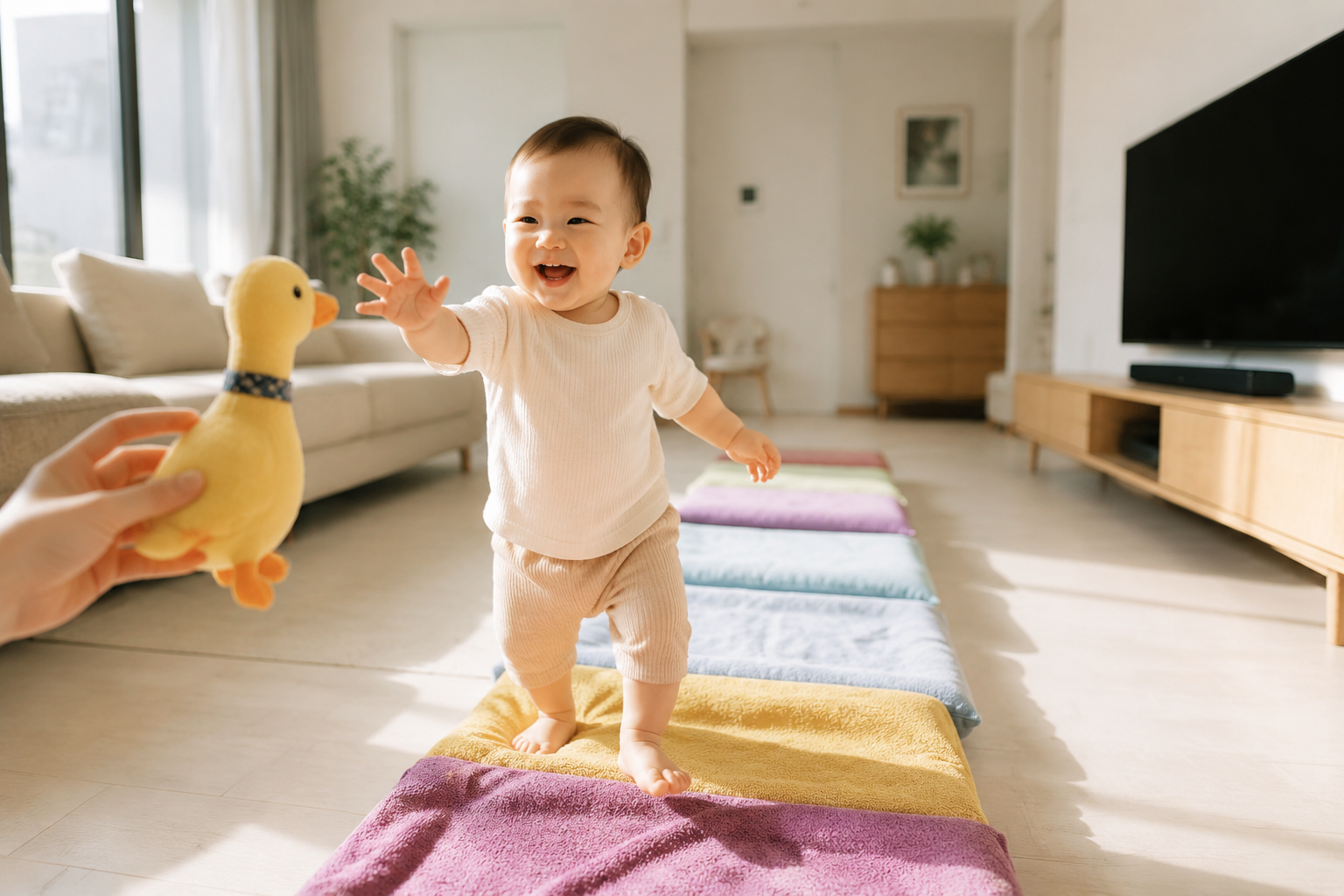 A cute 11-month-old Chinese baby barefoot walking on a colorful towel and soft cushion path in a bright, modern minimalist living room. The baby is smiling brightly, reaching for a toy. Natural soft sunlight from a large window, photorealistic, 8k resolution, highly detailed, cozy atmosphere --ar 3:4 --v 6.0