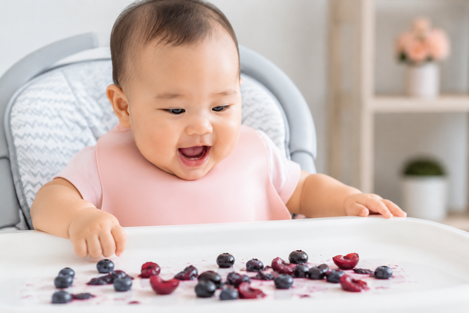 A cute 8-month-old Chinese baby sitting in a high chair, looking excitedly at colorful squashed blueberries and quartered cherries on a clean white tray. Bright natural indoor lighting, soft pastel colors, photorealistic, high resolution, shot on 85mm lens, depth of field, Midjourney v6 style.