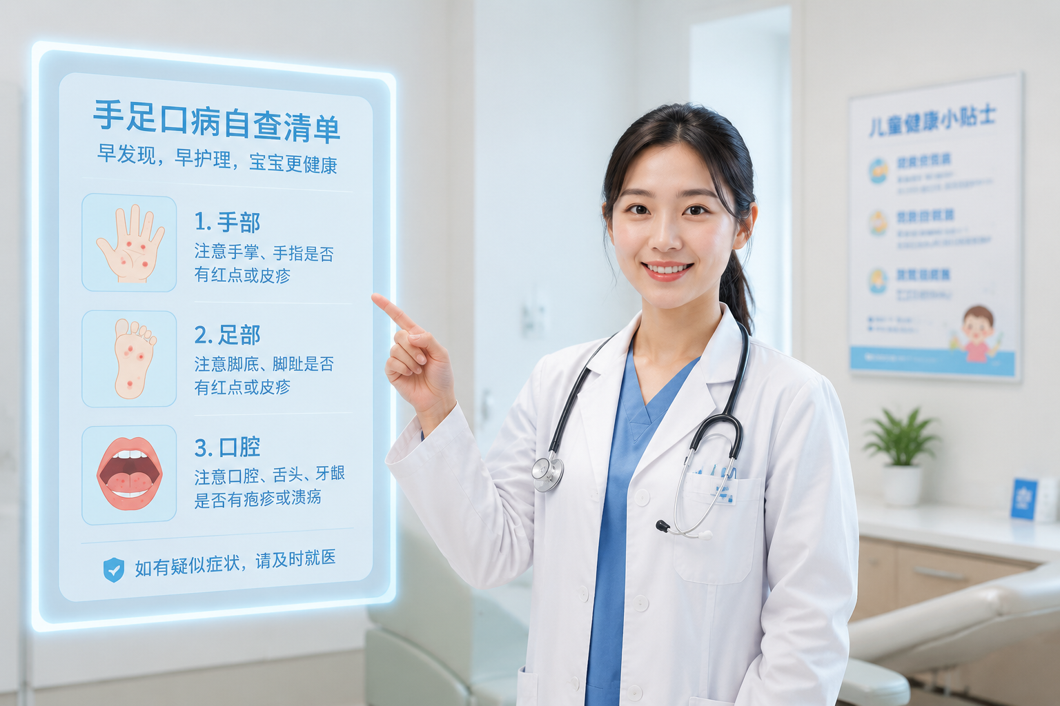 A professional Chinese pediatrician standing in a bright modern clinic, pointing at a glowing digital medical checklist highlighting hands, feet, and mouth icons. The doctor has a friendly and reassuring expression. Soft clinical lighting, clean background, ultra-clear medical photography style, 8k, photorealistic.
