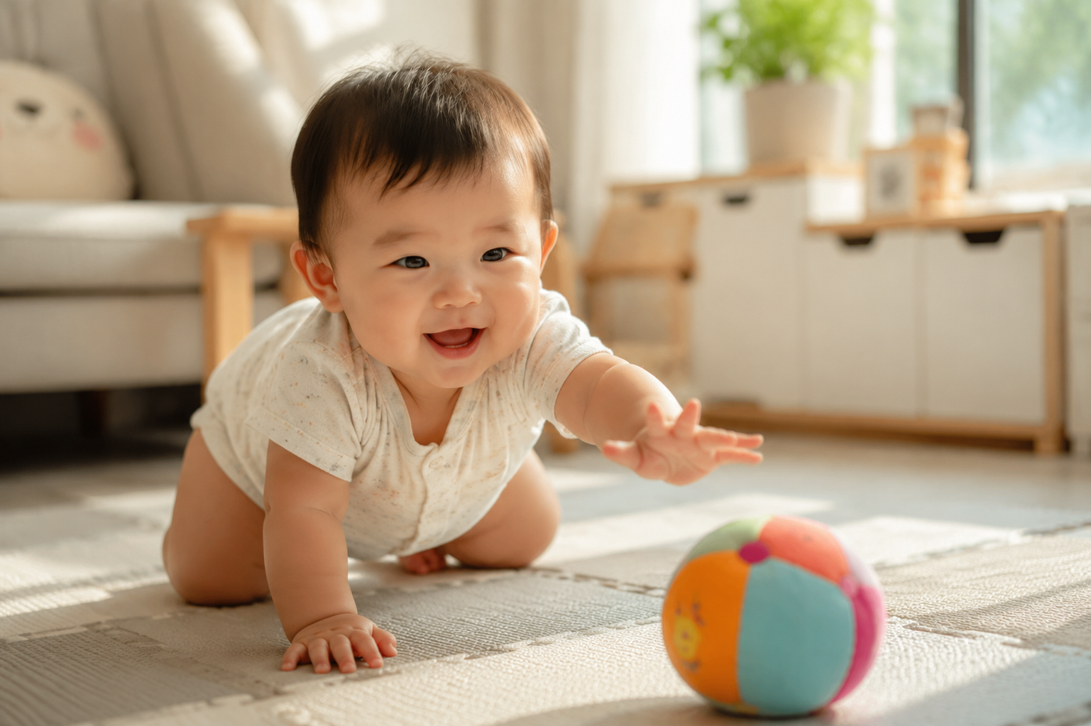 A cute 7-month-old Chinese baby wearing a light short summer romper, happily learning to crawl on a soft play mat in a bright, sunlit living room. The baby is reaching out with a smile towards a colorful, soft rolling toy. Soft natural lighting, warm tones, high quality, photorealistic, 8k resolution, shot with an 85mm lens, depth of field. --ar 3:4