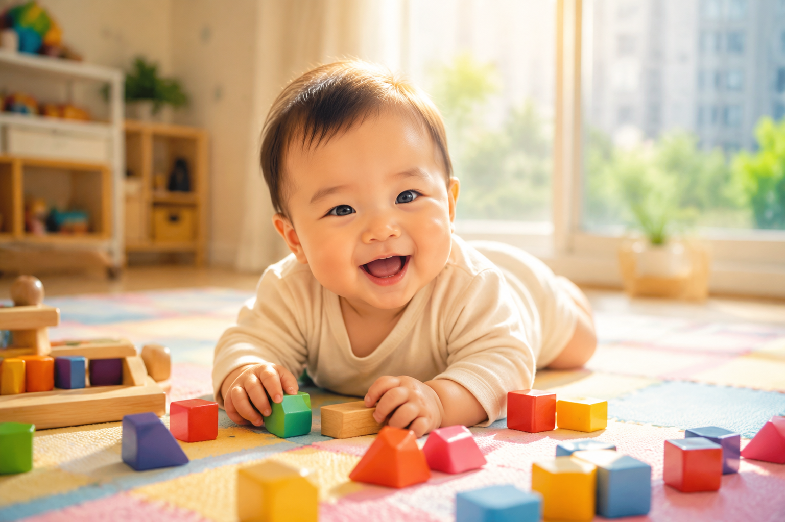 A super cute 6-month-old Chinese baby playing happily with colorful wooden blocks on a soft pastel play mat at home. Warm sunlight streaming through the large window, creating a bright, safe, and joyful atmosphere. High definition, commercial baby photography style, vibrant and crisp colors, 8k.