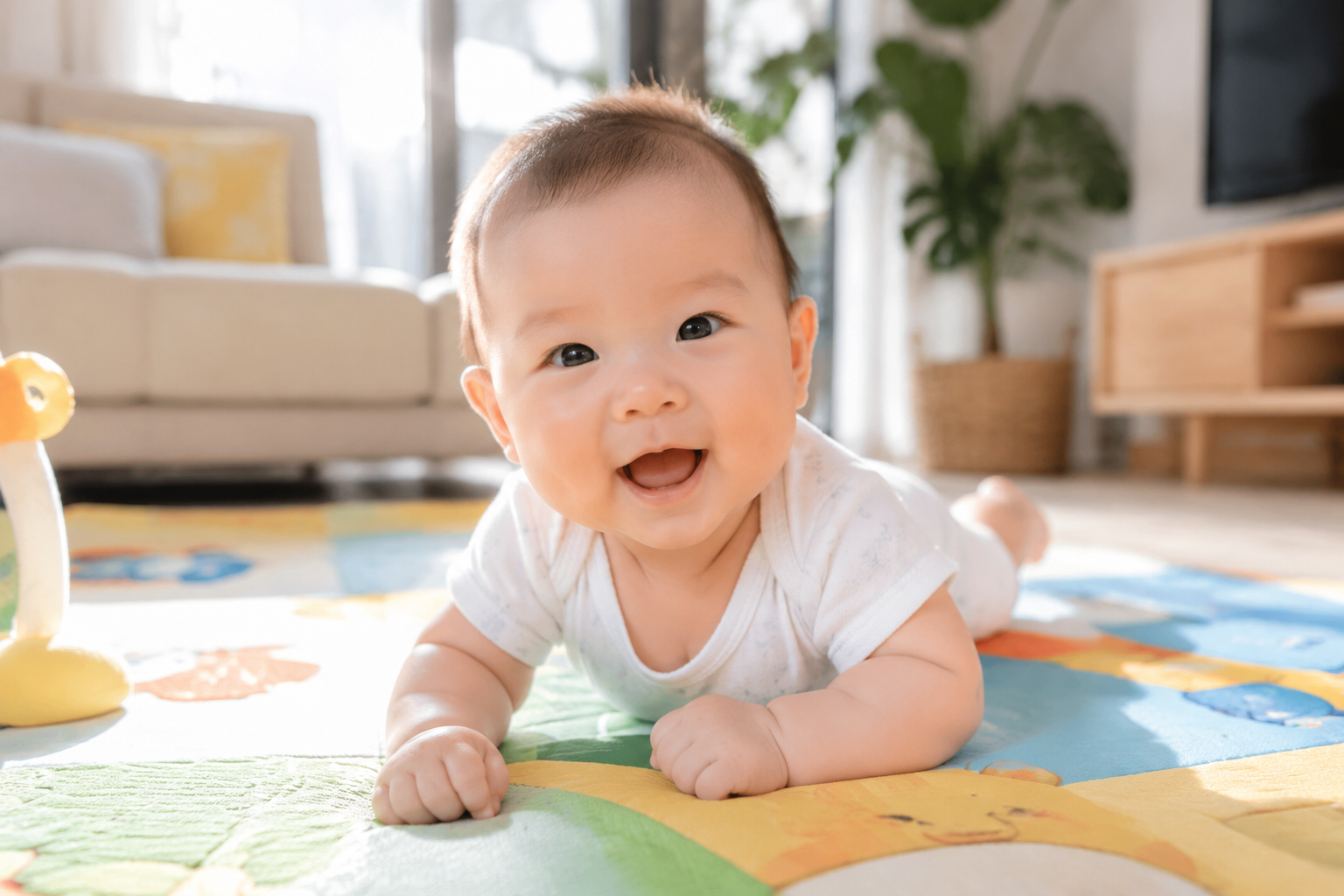 A cute 3-month-old Chinese baby doing tummy time on a colorful firm play mat in a sunlit, cozy modern living room. The baby is wearing a light, breathable short-sleeved summer bodysuit, lifting head with a happy expression. High quality, soft natural lighting, photorealistic, 8k resolution, joyful atmosphere --ar 3:4