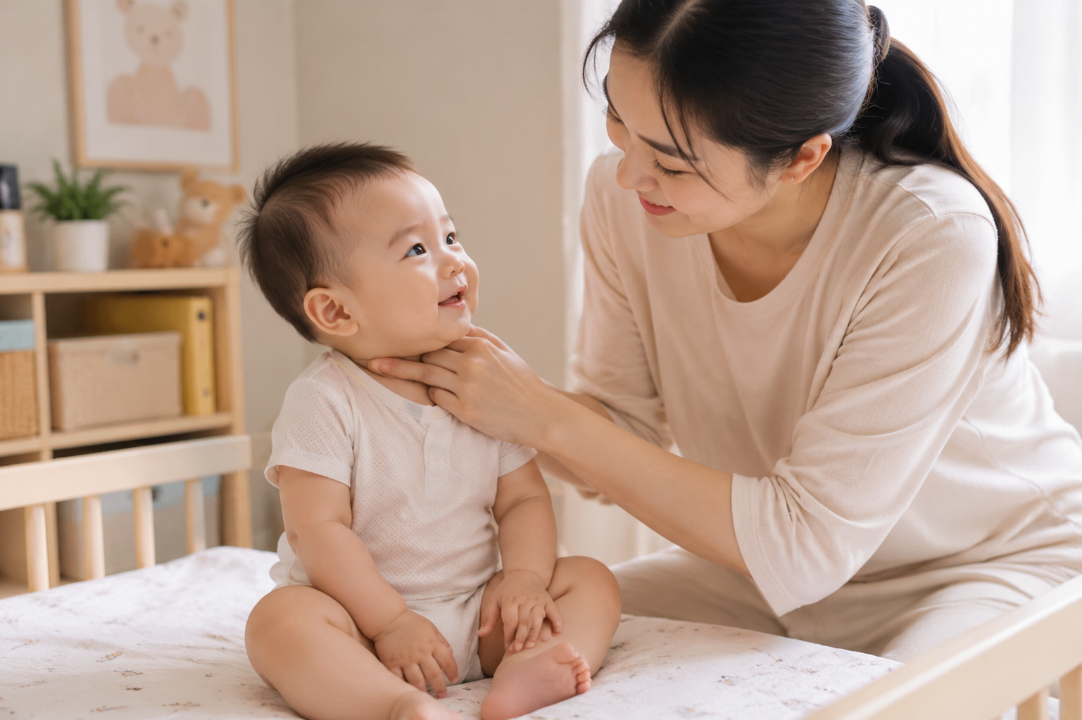 A warm and tender photorealistic image of a young Chinese mother gently sliding her hand behind the neck of her smiling 8-month-old Chinese baby to check the temperature. The baby is wearing a light, breathable summer onesie. Cozy nursery room background, soft pastel colors, bright natural window light, highly detailed, photorealistic, 8k, emotional connection.