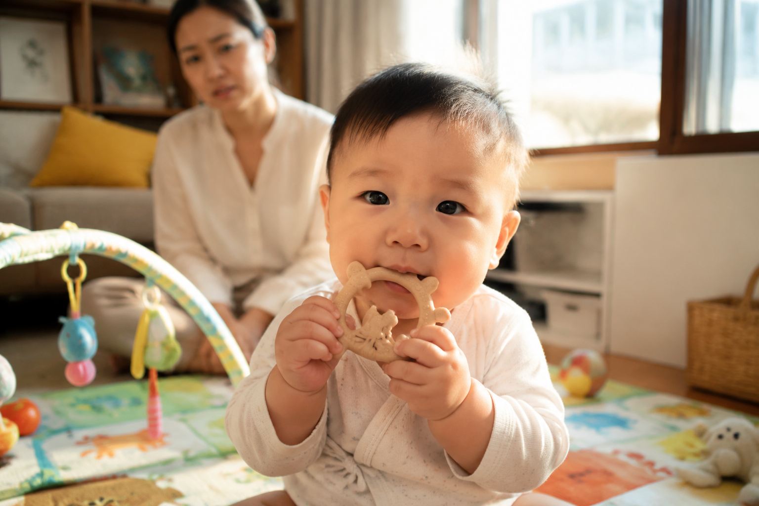 Close up photography of a cute 8-month-old Chinese baby sitting on a colorful playmat in a cozy living room, biting a silicone teething toy. A young Chinese mother in the background looks slightly worried. Soft natural sunlight from the window, photorealistic, 8k resolution, cinematic lighting, shot on 35mm lens.