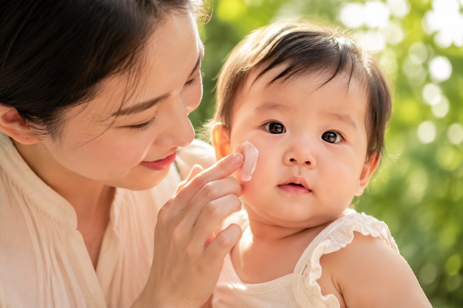 Close-up shot of a gentle Chinese young mother carefully applying physical sunscreen on her 1-year-old Chinese baby's cheek. The baby has chubby cheeks and is looking curiously at the camera. Natural sunlight beautifully filtering through tree leaves in the background, creating soft bokeh. Glowing healthy skin, warm and loving maternal atmosphere, photorealistic, commercial skincare photography, 8k, soft lighting. --ar 3:4