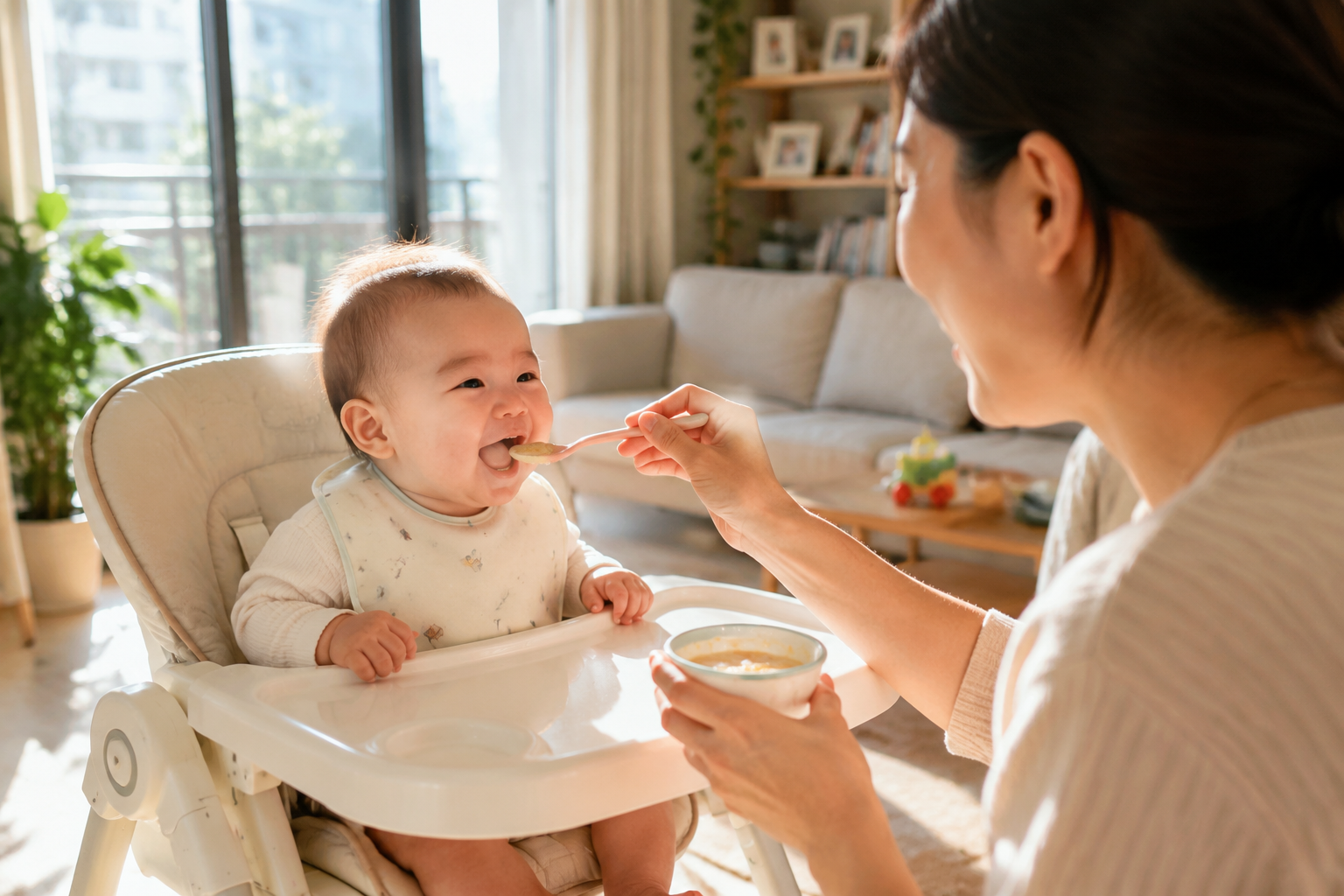 A cute 6-month-old Chinese baby sitting happily in a high baby chair eating complementary food, sunlight streaming through the window, clean and bright living room, mother smiling and feeding with a soft spoon, healthy and vibrant mood, high quality, highly detailed, photorealistic --ar 3:4