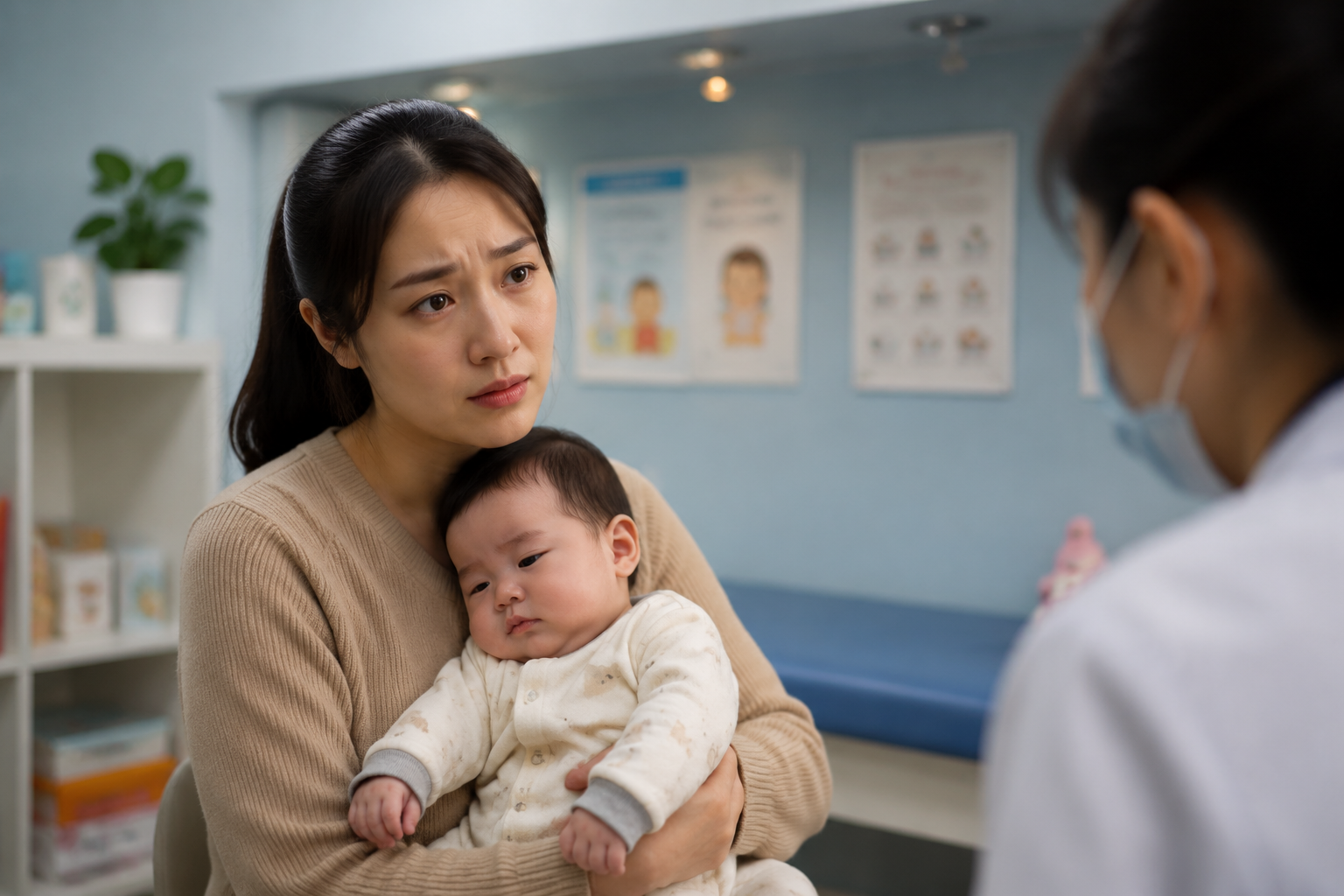 A high-quality realistic photo of a young Chinese mother looking worried while gently holding her 6-month-old baby in a modern pediatric clinic. Soft cinematic lighting, expressing a slightly anxious but warm mood. The baby looks a bit tired. High detail, 8k resolution, shot on 85mm lens, photorealistic.