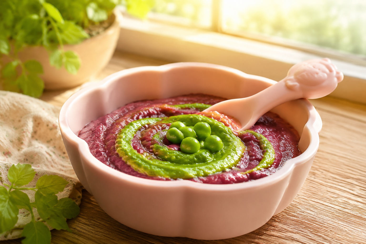 A beautiful silicone baby bowl filled with vibrant red amaranth puree and bright green pea puree arranged aesthetically, a cute baby spoon resting on the edge, soft morning sunlight streaming through a kitchen window, appetizing food photography, macro shot, shallow depth of field, photorealistic, 8k --ar 3:4