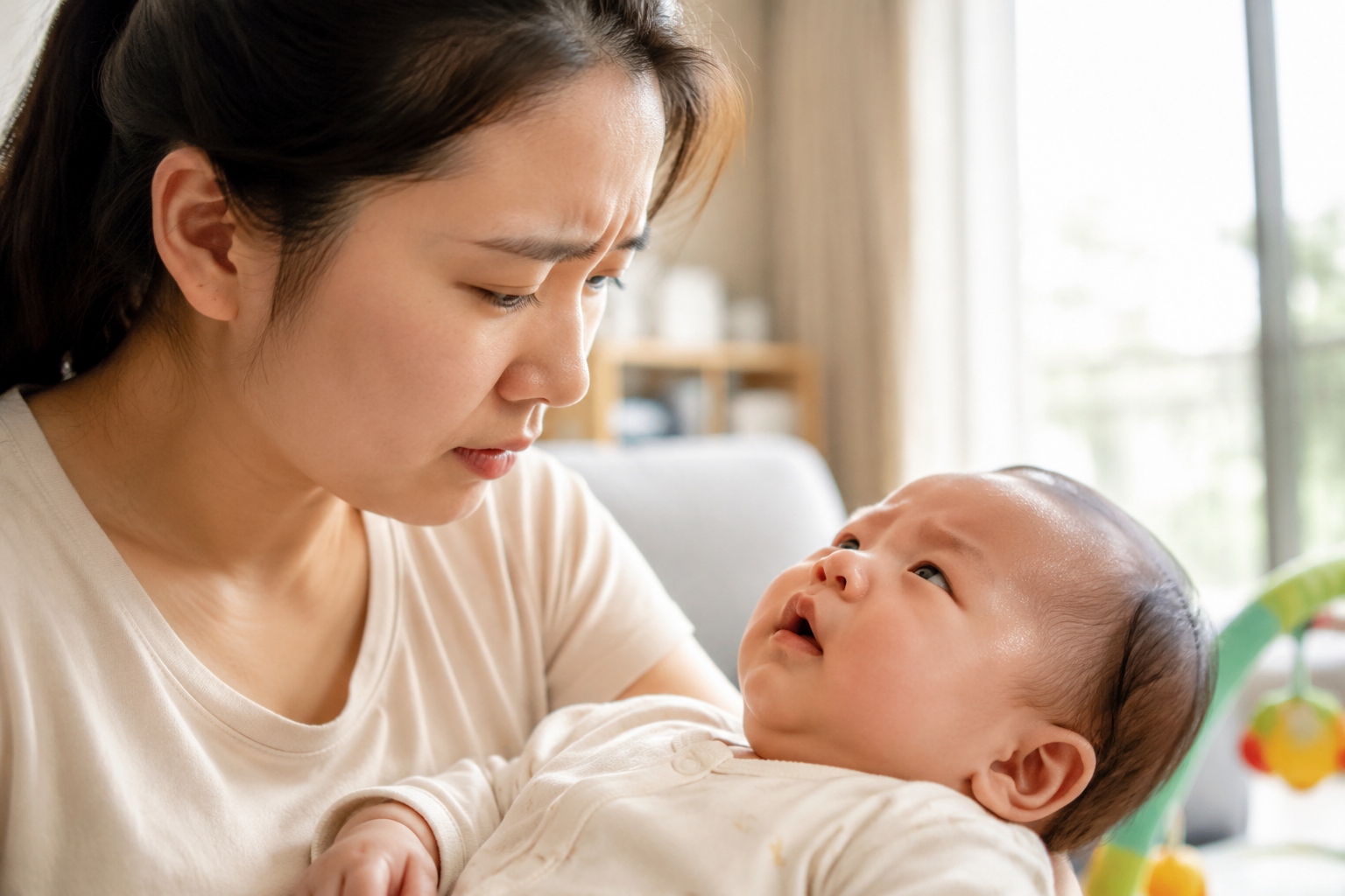 Photography of a close-up young Chinese mother looking worriedly at her 4-month-old baby, the baby is sweating slightly on the forehead, bright summer natural lighting, soft indoor home environment, 8k resolution, photorealistic, cinematic lighting, warm tones.