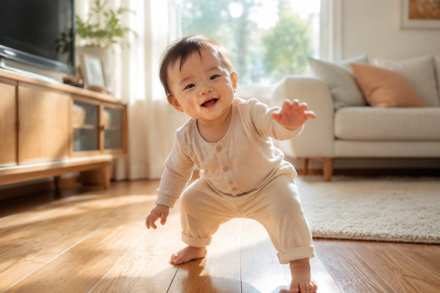 A cute 10-month-old Chinese baby barefoot on a cozy wooden floor in a bright, sunlit living room, trying to stand up with a big smile. The lighting is warm and natural. High resolution, photorealistic, soft cinematic lighting, 8k, highly detailed.