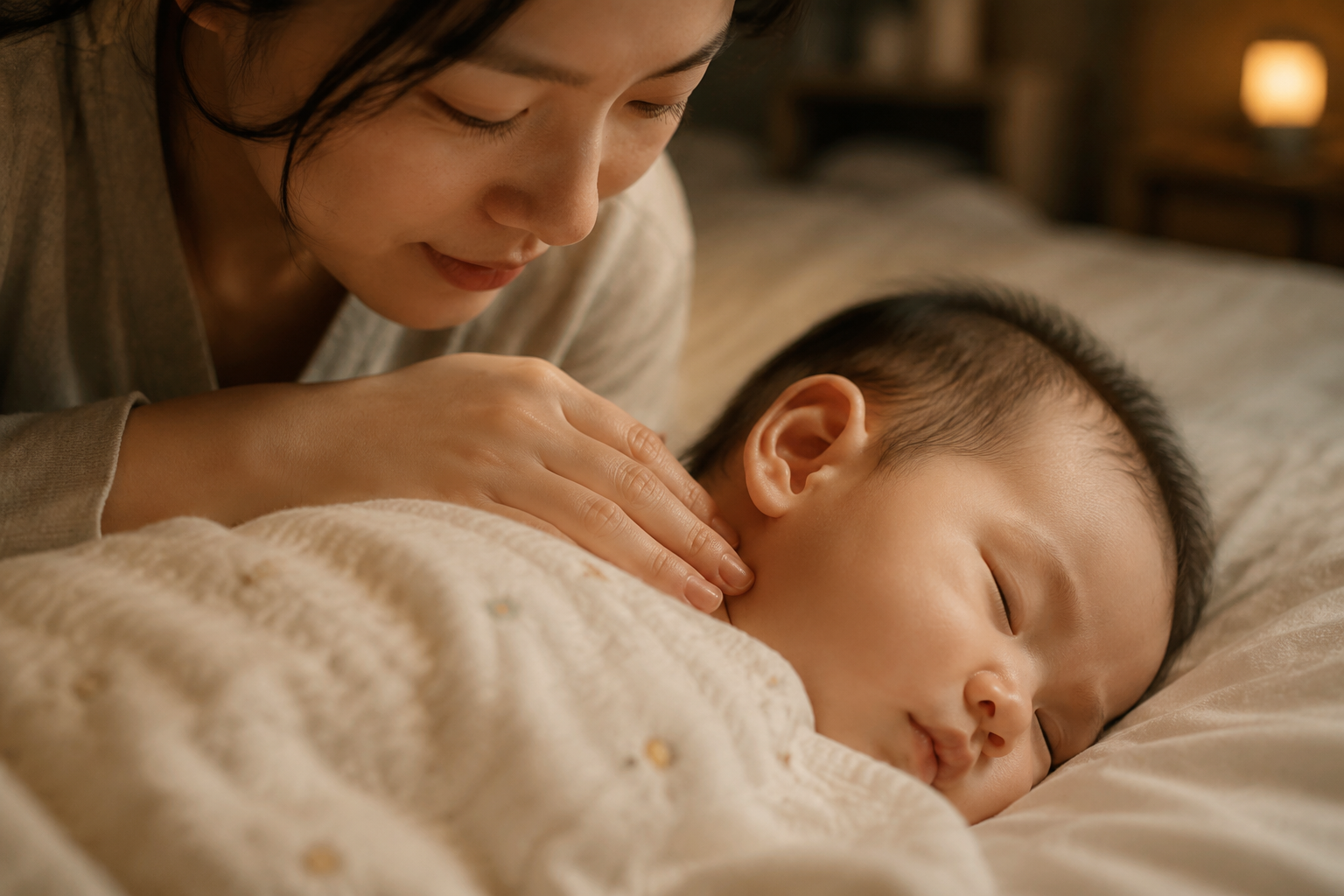 Close up shot, a gentle young Asian mother is using the back of her hand to touch the back of her baby's neck to check temperature, baby is sleeping peacefully on a bed. Warm cinematic lighting, shallow depth of field, high quality, soft textures, motherly love vibe, highly detailed --ar 3:4
