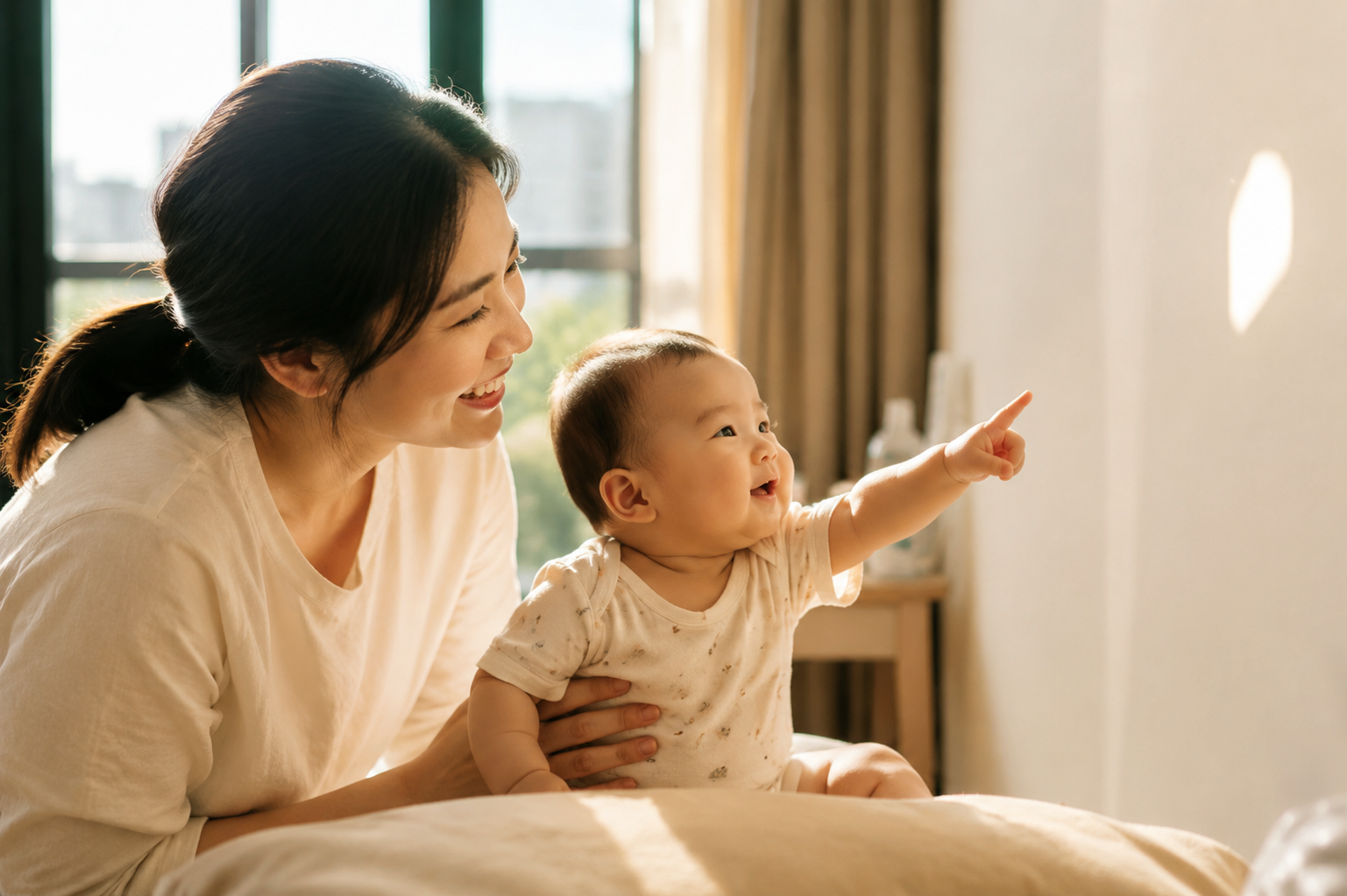 A smiling Chinese mother and her 5-month-old baby playing together next to a sunny window, the baby is happily tracking a light spot on the wall. Warm parenting moment, soft glowing natural light, cinematic lighting, photorealistic, Midjourney style, v 6.0.