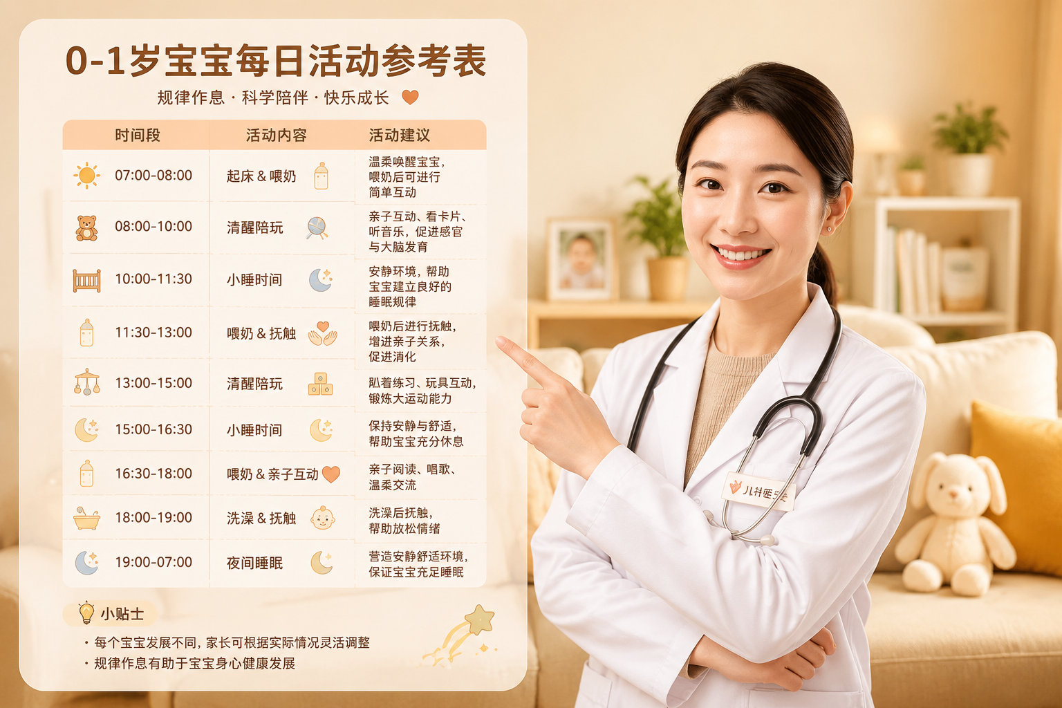 An infographic style image featuring a professional young Chinese pediatrician or parenting expert in a warm living room, pointing kindly at a simple, aesthetic 