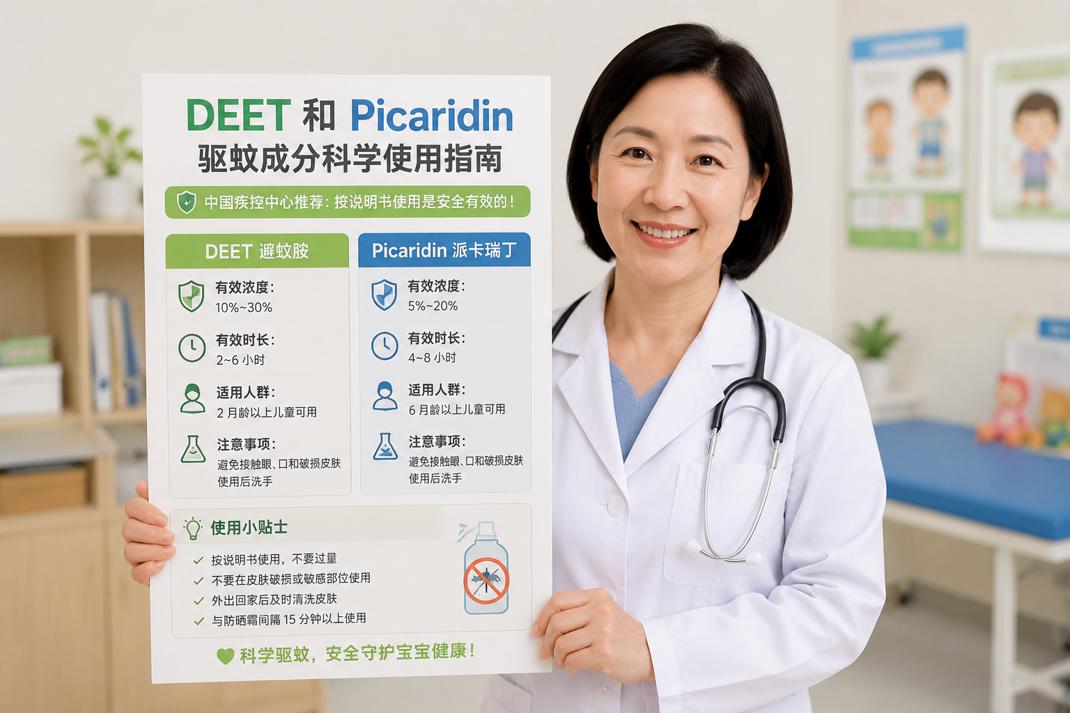 A clean, modern aesthetic infographic poster held by a smiling professional Chinese pediatrician in a white coat. The poster has bold, easy-to-read Chinese text layout showing DEET and Picaridin medical advice. Bright clinic background, shallow depth of field, bright and reassuring lighting, 8k, photorealistic.