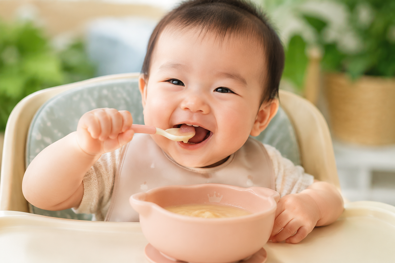 A close-up shot of a cute 10-month-old Chinese baby sitting happily in a high chair, eating fresh apple puree from a baby-safe silicone bowl. The baby has a bright smile. Bright and warm summer lighting, clean background, pastel colors, high quality food photography style, 8k, highly detailed, joyful atmosphere.