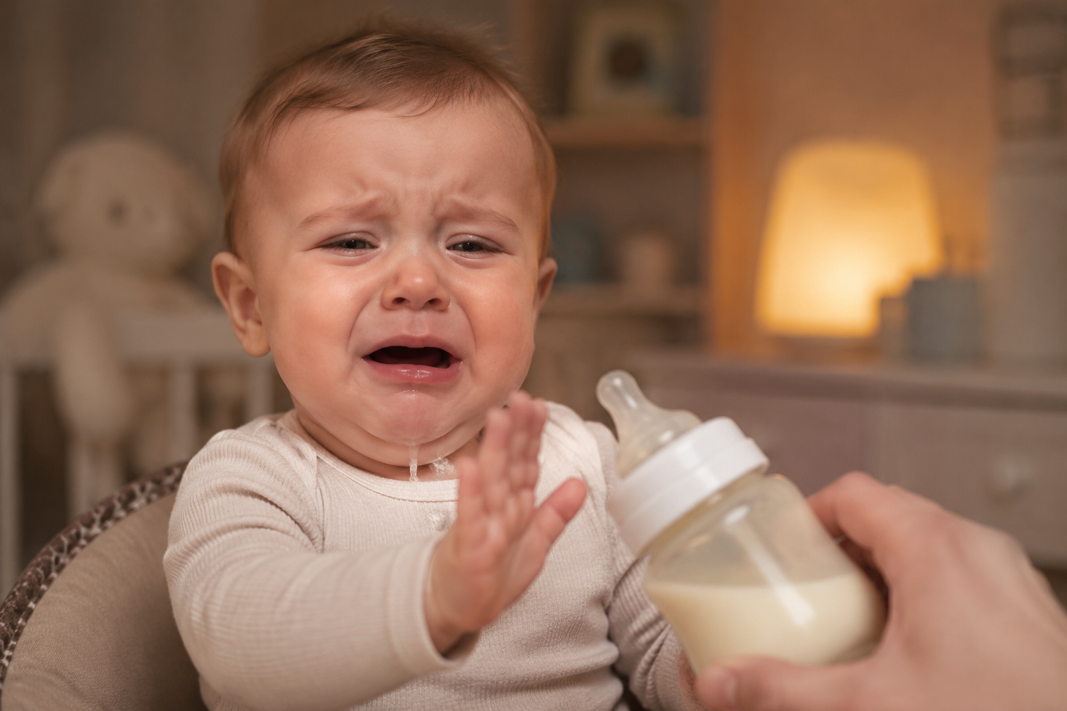 A high-quality, ultra-realistic photograph of an adorable 8-month-old baby looking slightly unwell, crying gently and pushing away a baby bottle. The baby has a bit of drool on the chin. Warm, soft indoor lighting, cozy nursery background, soft focus, shot with an 85mm lens, emotional and cinematic style, 8k resolution.
