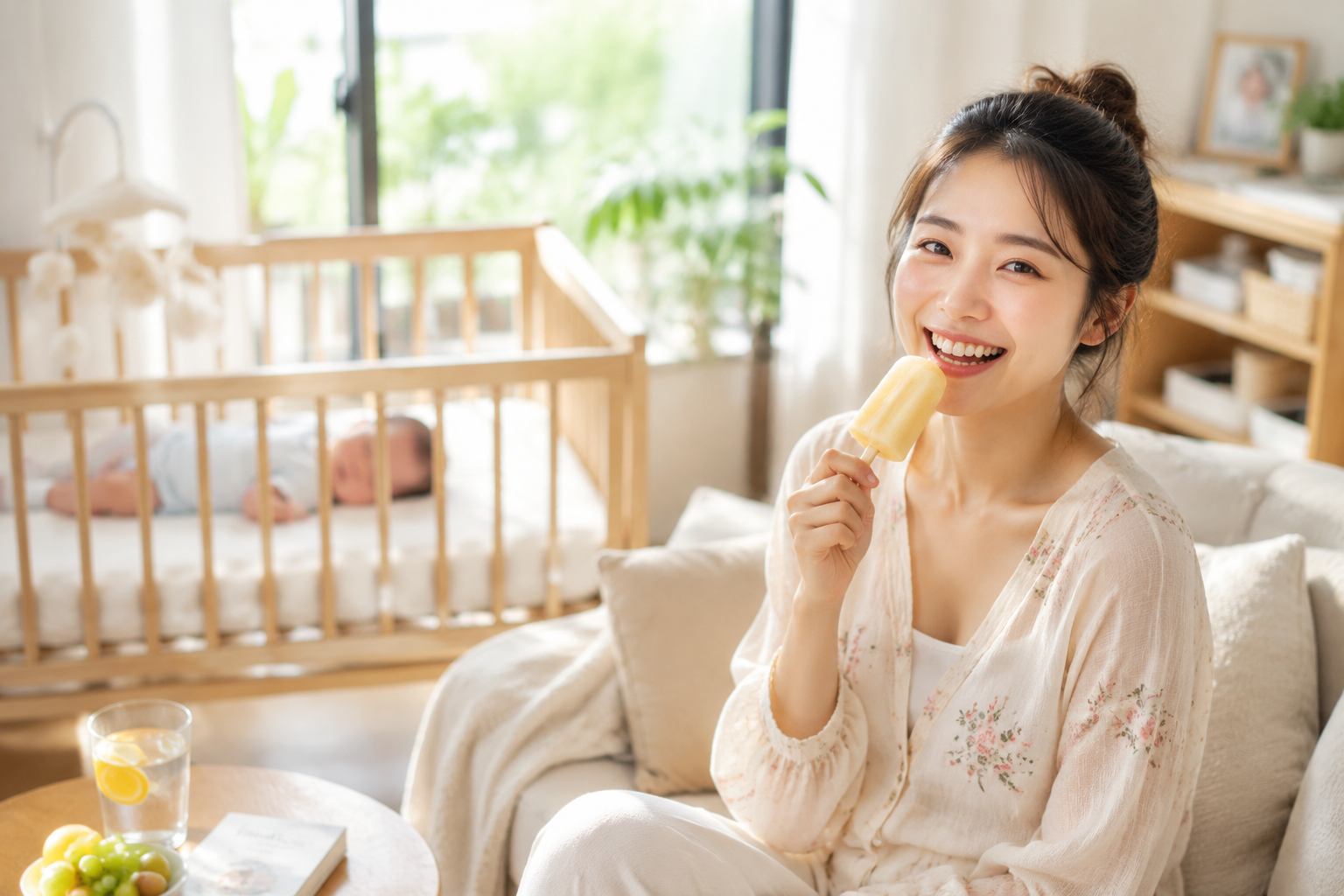 A happy young Chinese mother smiling brightly while enjoying a popsicle in a bright summer living room, with a cute healthy baby sleeping soundly in a crib in the soft-focused background, bright and airy natural light, warm tone, highly detailed photography, cozy and joyful atmosphere.
