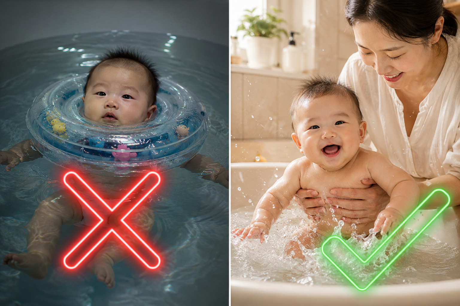 Split screen conceptual photography. Left side: A cute 6-month-old Chinese baby floating in water with a plastic neck ring, a large red neon 'X' over this side to indicate danger, slightly dim lighting. Right side: A smiling Chinese baby in a home bathtub being safely supported by a loving Chinese mother's hands from under the chest, baby is splashing water happily, a large green checkmark, bright warm natural lighting, soft colors, photorealistic, 8k, highly detailed.