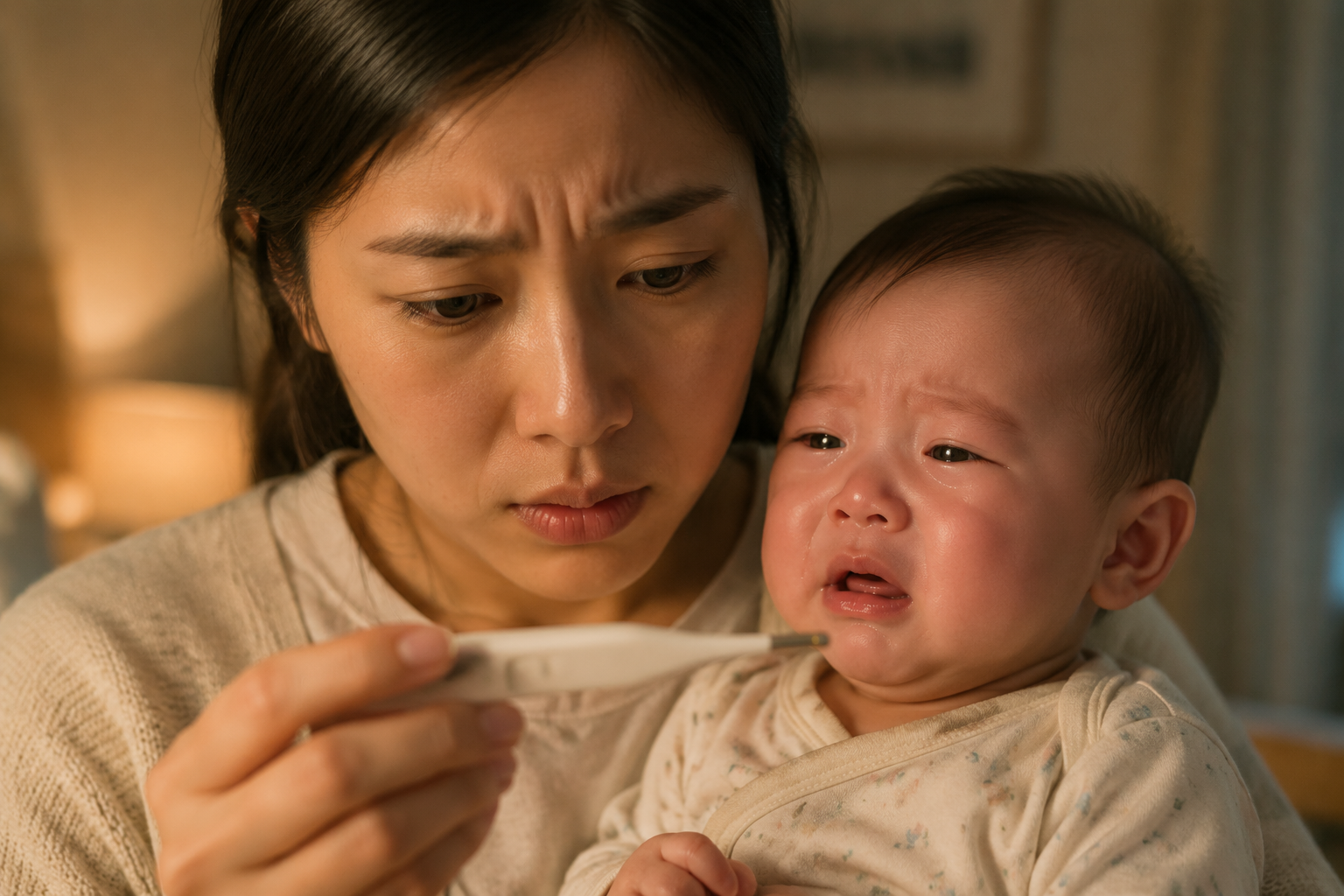 Close up of a tired young Chinese mother holding a slightly crying 6-month-old Chinese baby, looking at a thermometer, soft indoor lighting, warm tones but slight anxiety atmosphere, photorealistic, 8k resolution, cinematic lighting --ar 3:4