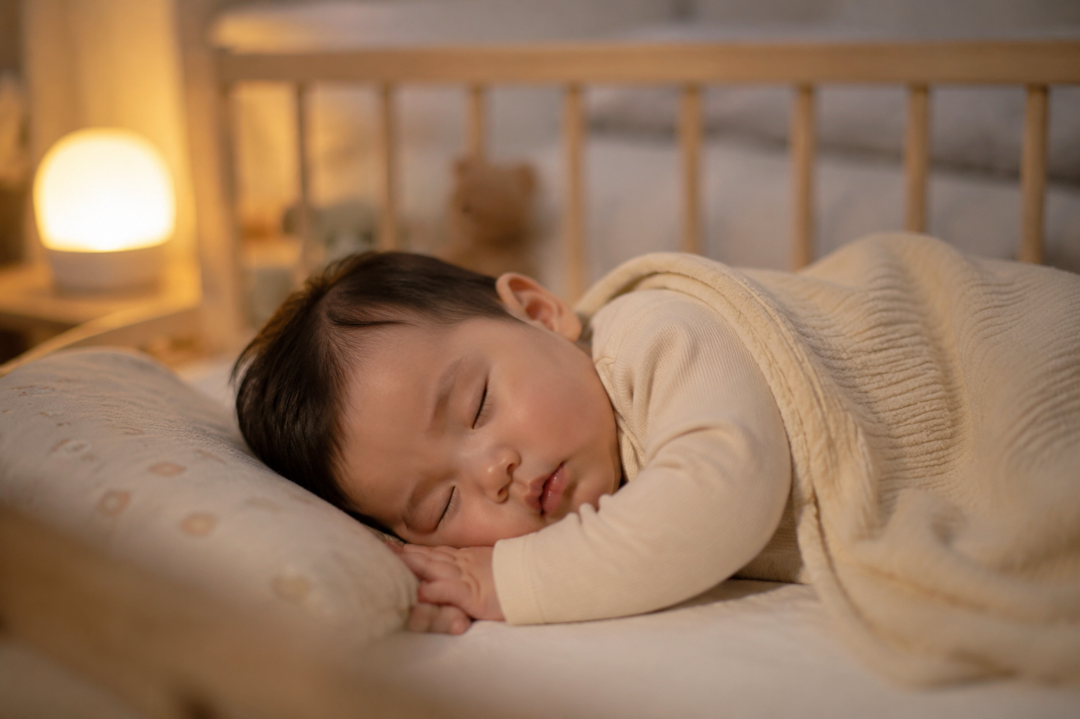 A peaceful and adorable Chinese baby sleeping deeply in a cozy, minimalist crib. The room is softly dim with a warm, comforting nightlight glowing gently in the background. The baby has a relaxed, angelic expression. Ultra-high definition, soft focus background, magazine-quality baby photography, soothing color palette.