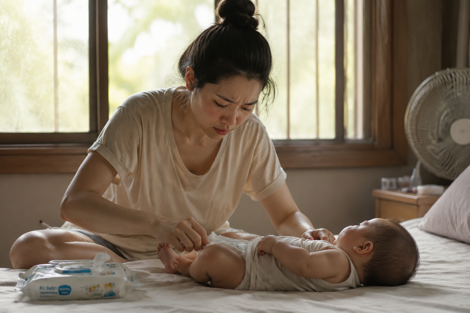 A high-quality photography of a young Chinese mother looking worried while gently checking her baby's diaper, in a cozy but slightly humid summer bedroom. Soft natural warm light from the window, cinematic lighting, realistic skin texture, 8k resolution, shot on 85mm lens, photorealistic.