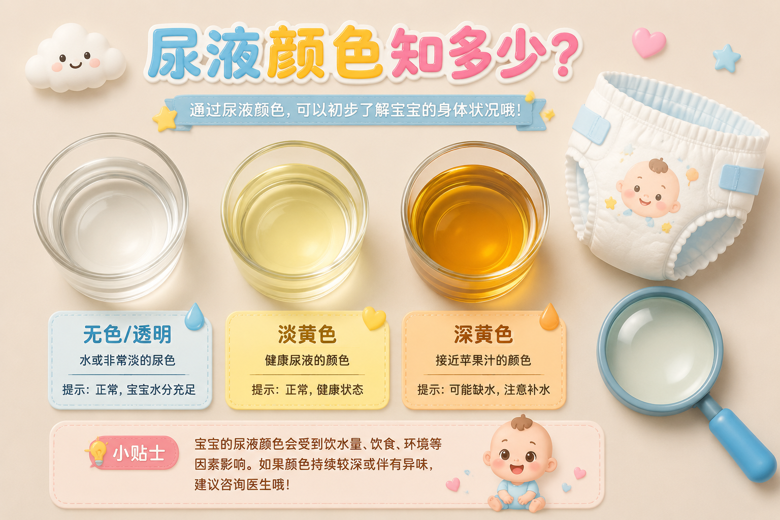 3D illustration style, top view of three transparent glass cups containing liquids of different colors: clear water, light yellow liquid, and dark yellow apple juice color. Next to the cups are cute illustrated elements of a Chinese baby diaper and a magnifying glass, soft studio lighting, pastel background, highly detailed, educational infographic style.