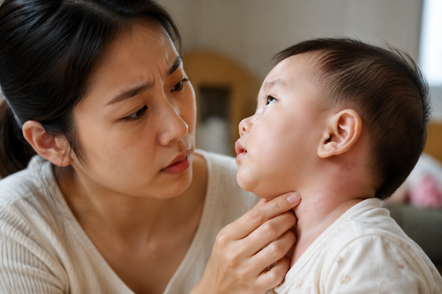A close-up photography of a young, gentle Chinese mother looking anxiously at a cute 6-month-old Chinese baby. The baby has some mild red spots on the neck. Soft natural indoor lighting, warm tones, high resolution, photorealistic, 8k, shot with an 85mm lens, Midjourney v6.
