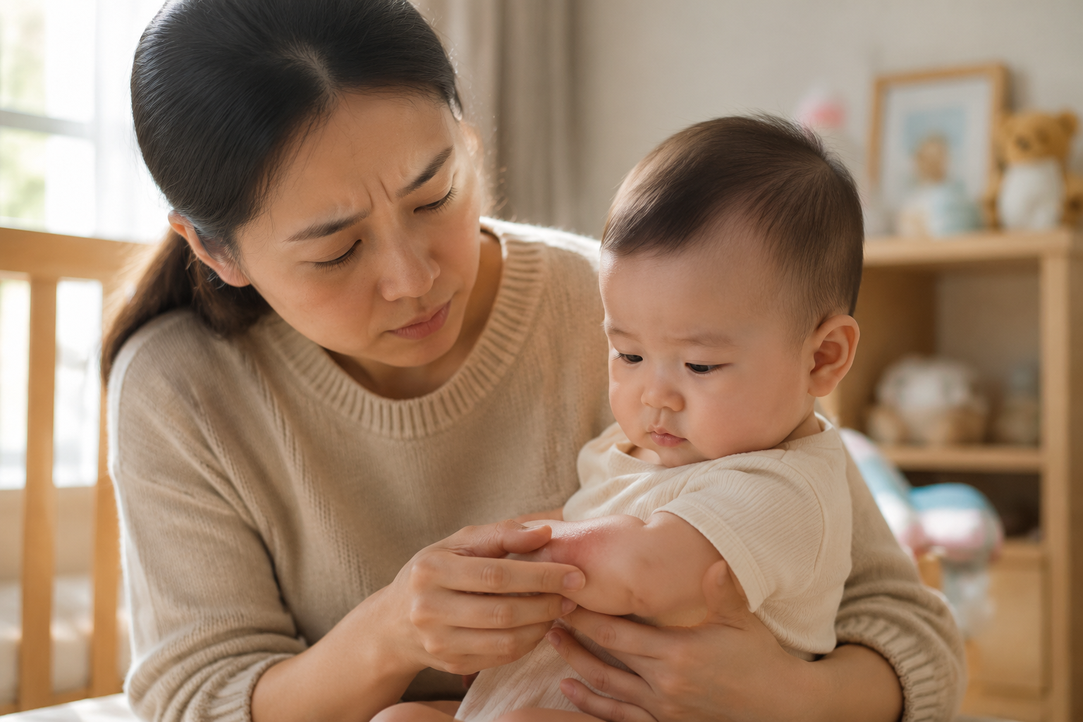 A high-quality, photorealistic image of a young Chinese mother looking slightly worried while gently examining the skin on her cute 6-month-old Chinese baby's arm. Soft natural indoor lighting, cozy nursery background, warm tones, 8k resolution, highly detailed, shot on 85mm lens, soft focus background.