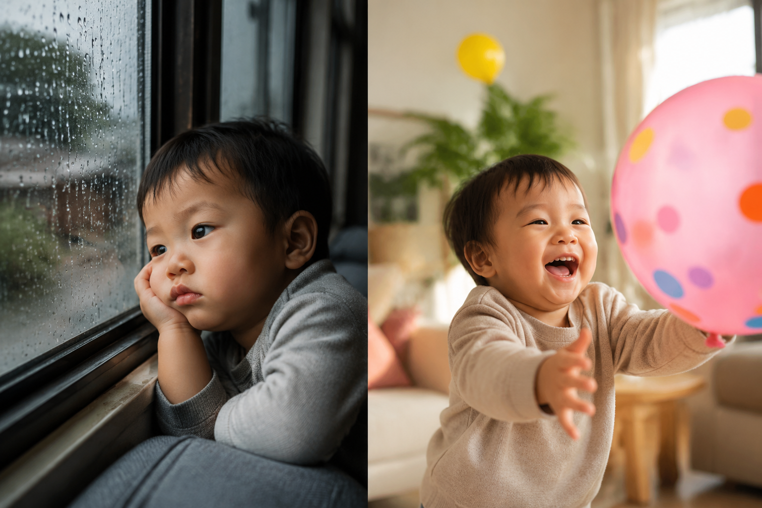 A split screen lifestyle photography. Left: A cute Asian toddler looking out of a rainy window with a slightly bored expression, moody lighting. Right: The same baby laughing happily playing with a colorful balloon in a bright, cozy living room, warm lighting. 8k, photorealistic, highly detailed --ar 16:9