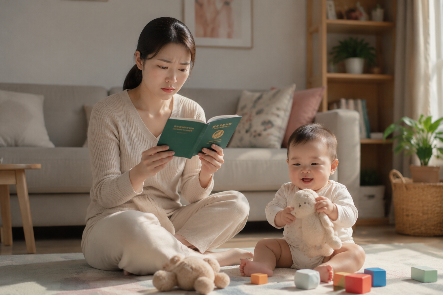 A high-quality photo of a young Chinese mother sitting in a bright, cozy living room, looking slightly worried as she reads a small green vaccination booklet in her hands. Next to her, a cute 8-month-old Chinese baby is happily playing with soft toys. Soft natural lighting from the window, warm tones, ultra-realistic, 8k resolution, photorealistic, cinematic lighting. --ar 3:4