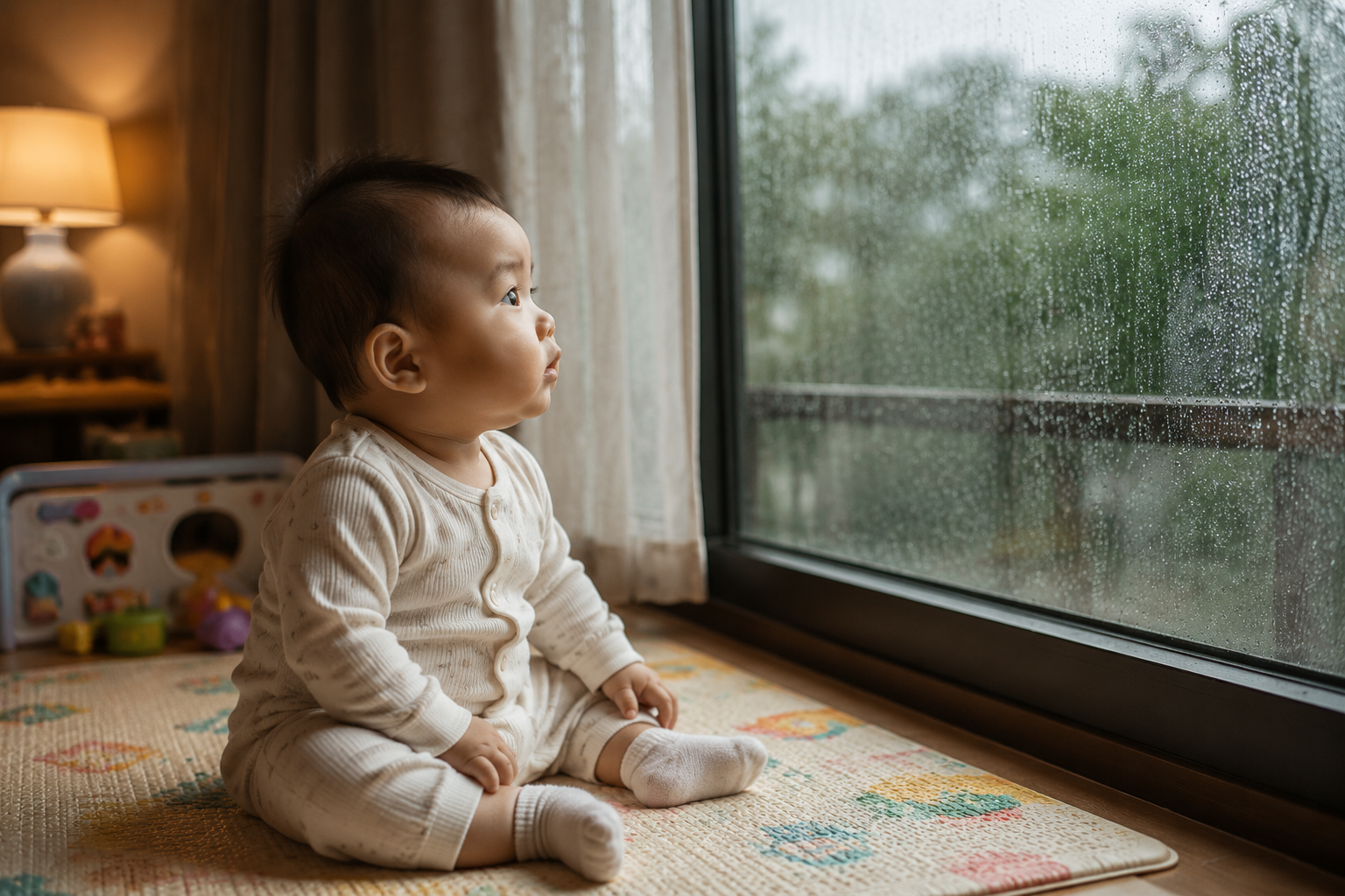 A cute 8-month-old Chinese baby sitting on a soft play mat indoors, looking curiously out of a large window with rain streaming down the glass. The indoor atmosphere is cozy and warm, soft natural lighting. High detail, photorealistic, 8k resolution, shot on 35mm lens, cinematic lighting, ultra-realistic. --ar 3:4 --v 6.0