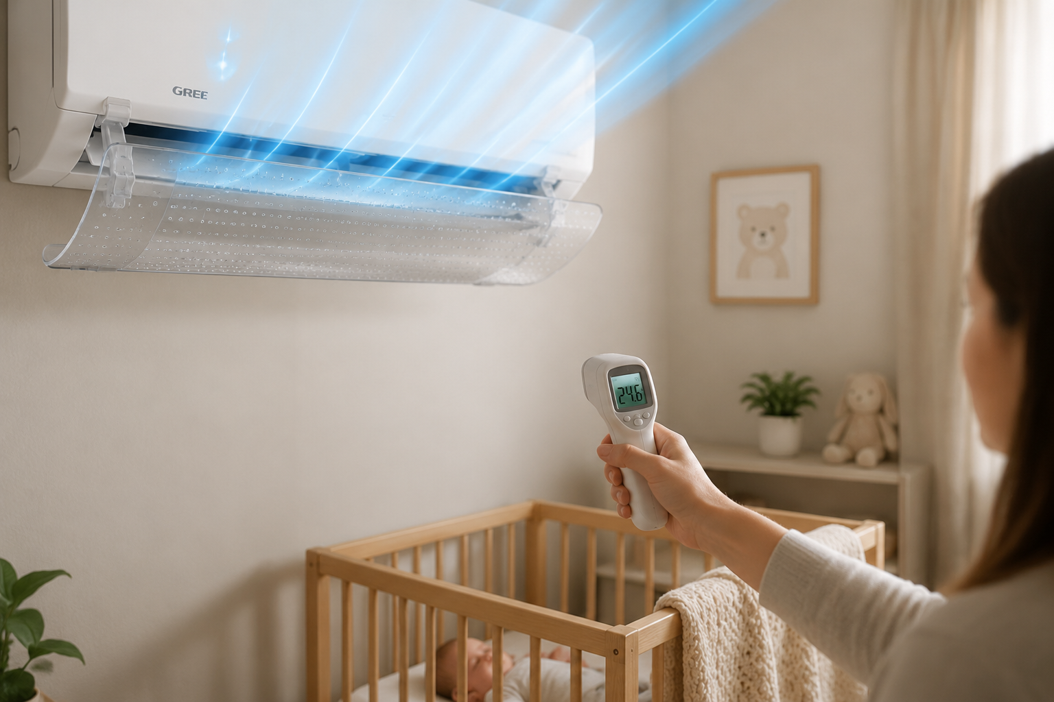 Close-up of a modern air conditioner with a correctly installed transparent wind deflector directing airflow upwards, a mother's hand holding an infrared thermometer pointing near a baby's crib to check the temperature, minimalist baby room background, soft indoor lighting, educational lifestyle photography, cinematic lighting, ultra-detailed --ar 3:4