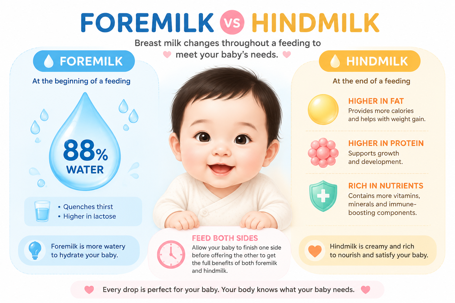 A high-quality, modern minimalist infographic illustrating the difference between breast milk's 'Foremilk' and 'Hindmilk'. The visual features a cute, stylized Chinese baby face at the center. Left side shows 'Foremilk' with water drops highlighting 88% water content. Right side shows 'Hindmilk' with fat and protein icons. Clean pastel colors, vector art style, UI/UX design elements, clear and highly readable layout, educational poster style, 8k resolution.