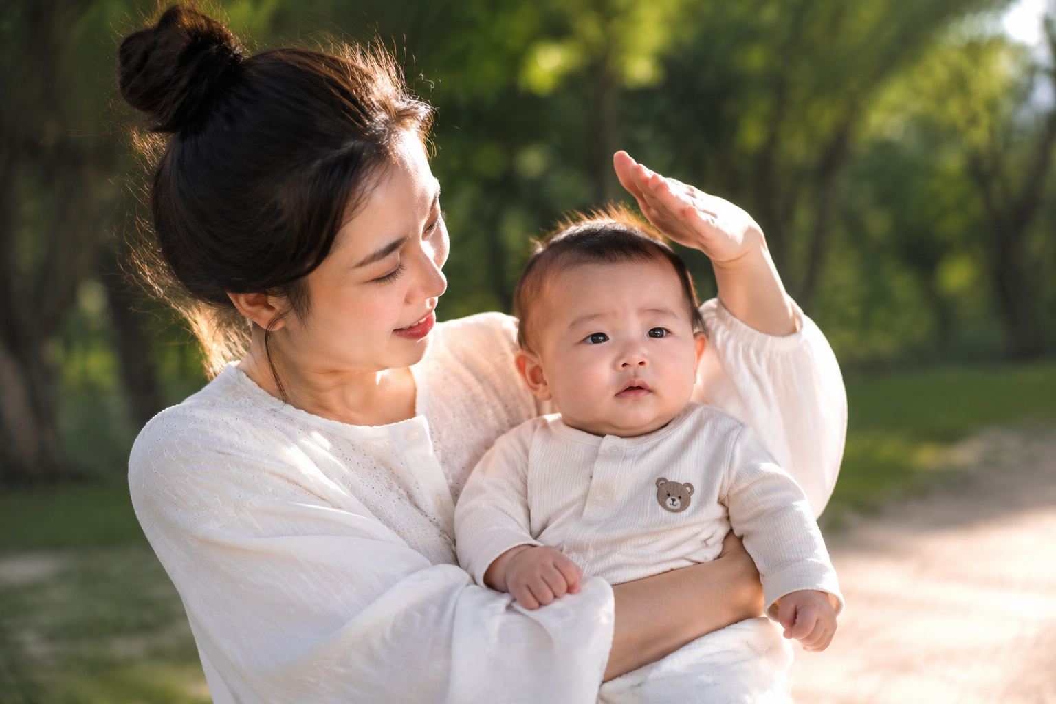 A high-quality photo of a young Chinese mother holding her 6-month-old baby in a sunny, green park. The mother is gently using her hand to shield the baby's face from the bright sunlight. Warm natural lighting, realistic photography, soft cinematic feeling, shot on 85mm lens, 8k resolution, photorealistic. --ar 3:4