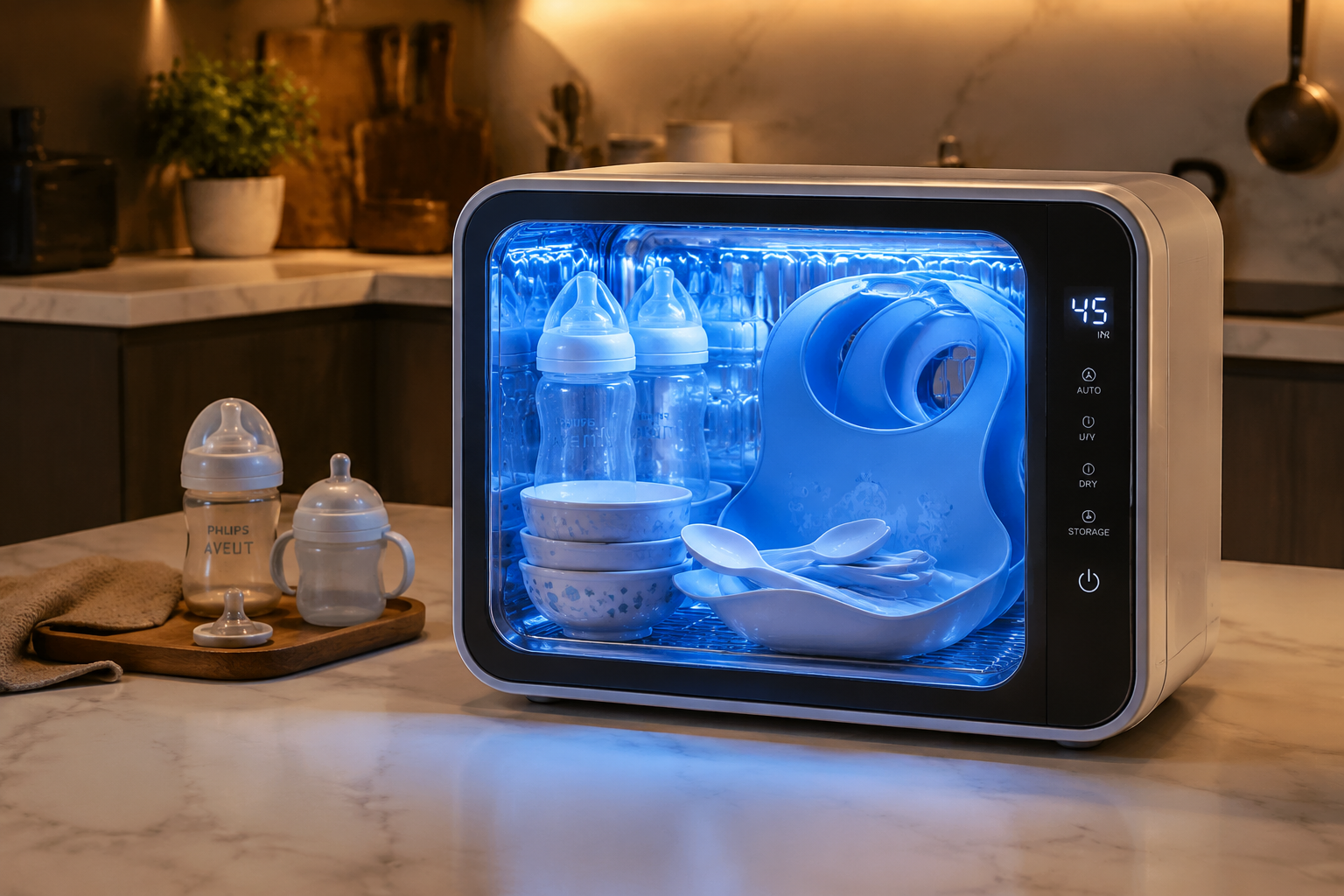 A futuristic, high-tech UV baby bottle sterilizer glowing with a soft blue light on a modern kitchen counter. Inside, clean baby bowls, spoons, and silicone bibs are neatly arranged. Warm ambient kitchen lighting, highly detailed, photorealistic, product photography style, 4k.