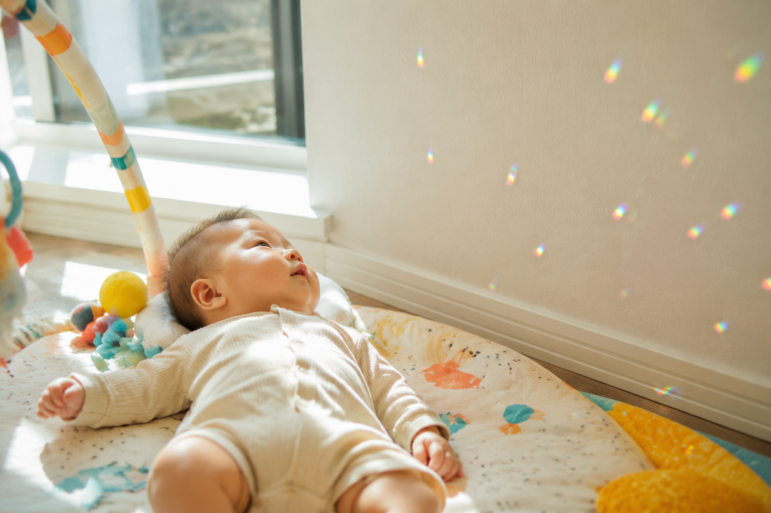 A cute 4-month-old Chinese baby lying on a cozy playmat near a bright bay window, looking curiously at colorful light spots on the white wall. Natural morning sunlight, soft and warm lighting, extremely detailed, photorealistic, 8k resolution, shot on 35mm lens.