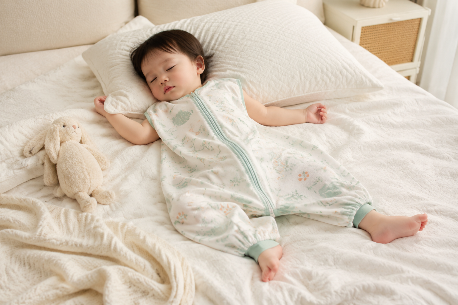 A cute Chinese baby sleeping peacefully on a comfortable bed, wearing a lightweight breathable split-leg sleep sack suitable for summer. Soft pastel colors, cozy modern bedroom background, gentle natural indoor lighting, highly detailed, realistic photography, commercial baby product shot style --ar 3:4