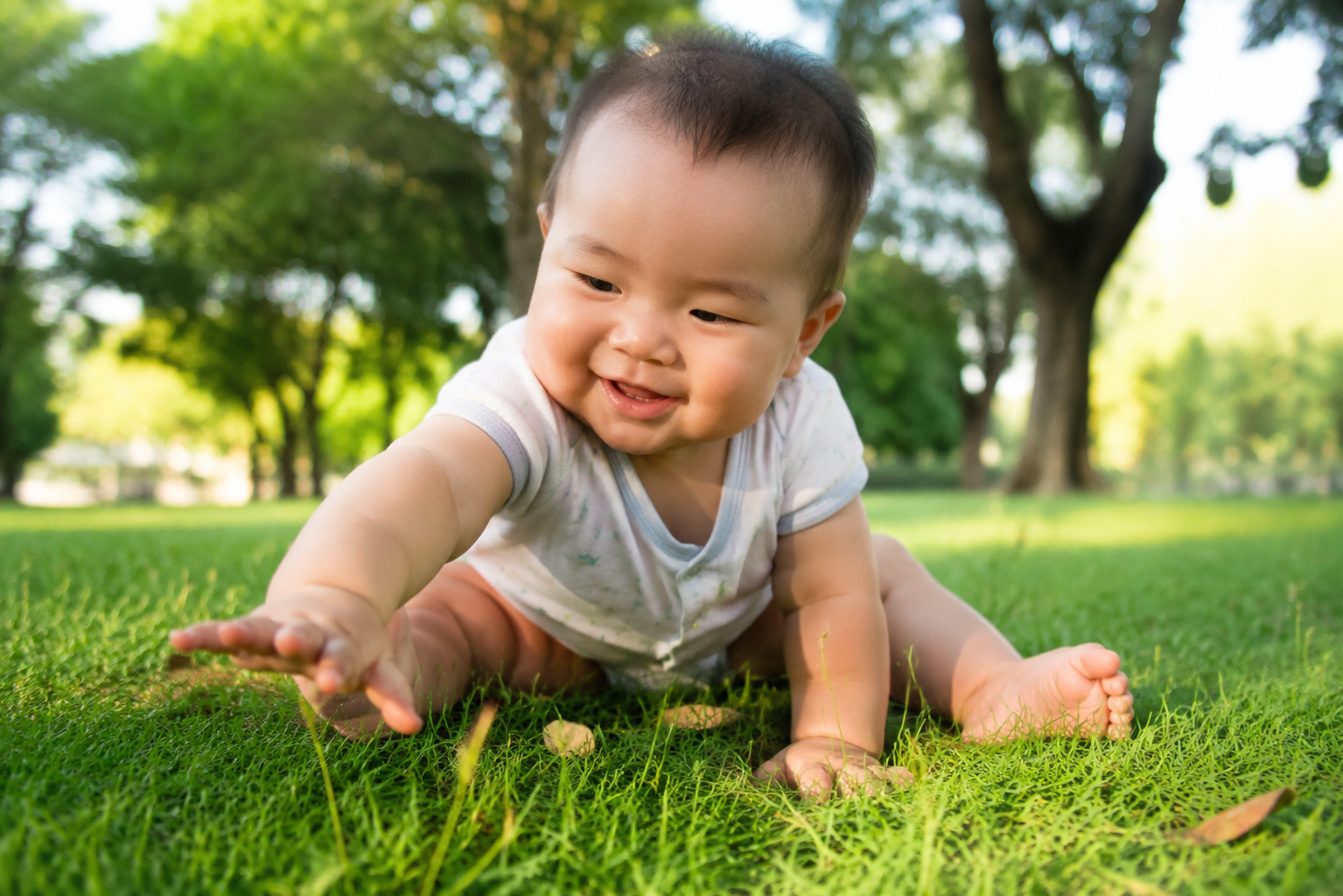 A highly realistic photo of an 8-month-old Chinese baby sitting on a lush green lawn in a park, reaching out with tiny chubby hands to touch the soft grass. The baby is smiling, barefoot. Warm afternoon sunlight, natural lighting, blurred background of big trees, macro details on the hands and grass blades, high quality, cinematic lighting, photorealistic.