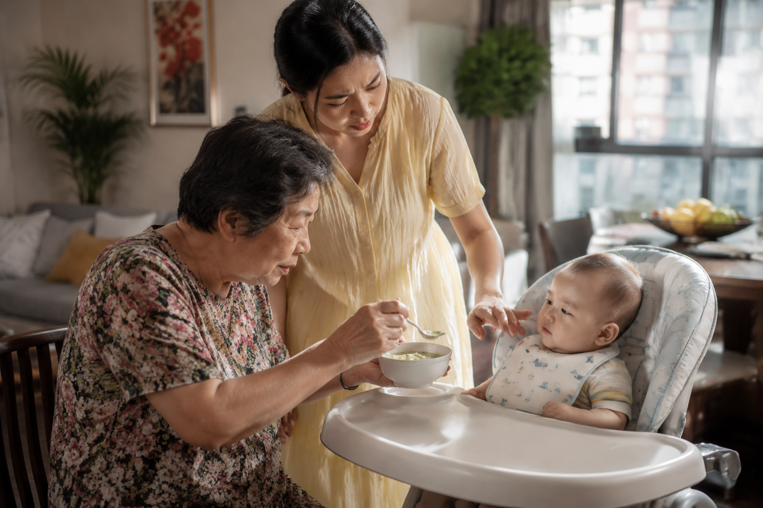 A realistic photography of a modern Chinese living room in summer. An elder Chinese grandmother is holding a small bowl of green bean soup, trying to feed a cute 8-month-old Chinese baby sitting in a high chair. The young Chinese mother standing next to them looks slightly worried and is gently stopping the grandmother's hand. Soft natural sunlight from the window, cinematic lighting, highly detailed, 8k resolution, photorealistic.