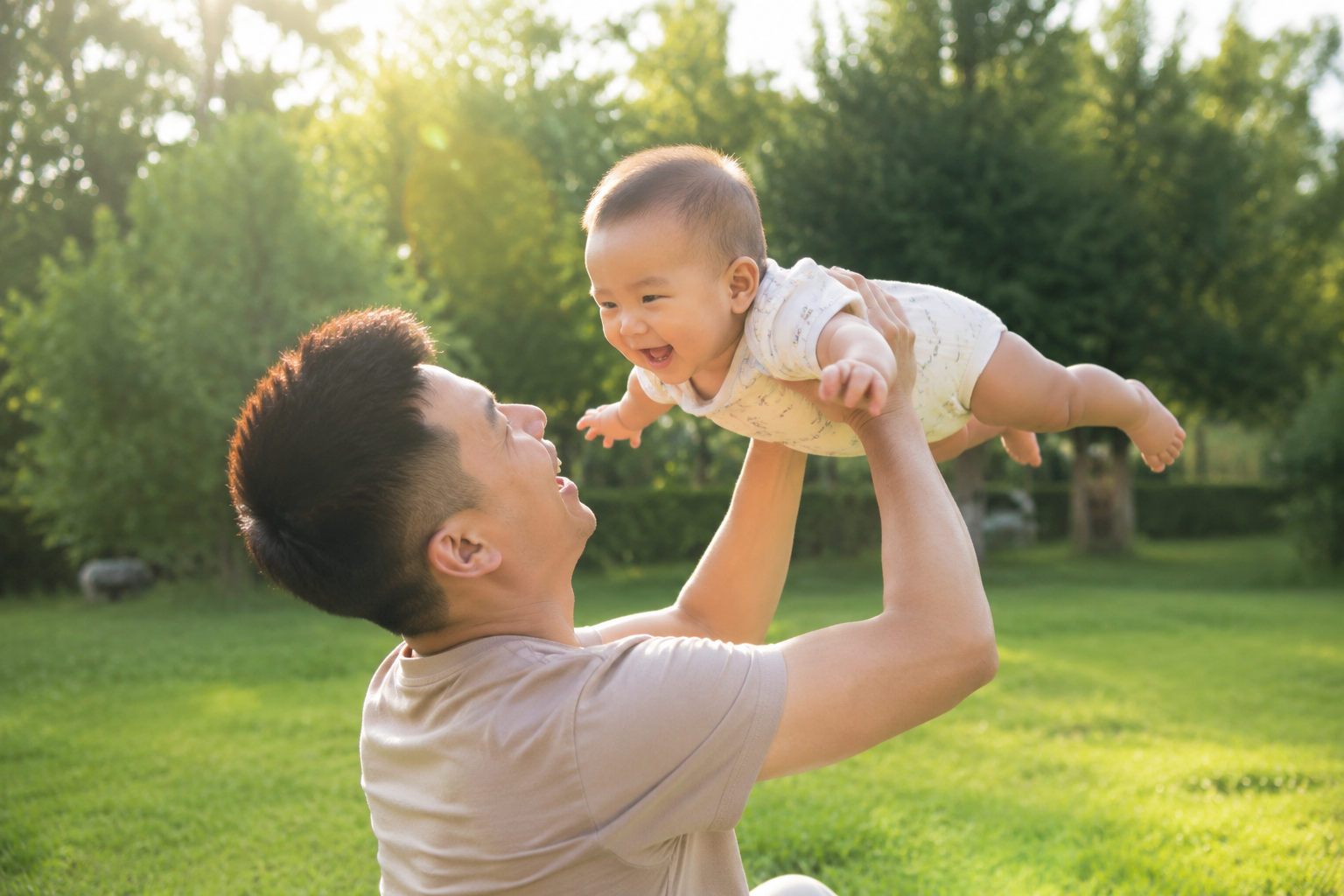 A photorealistic image of a young Chinese dad playing with his 8-month-old baby on a sunny grassy lawn in early summer. The dad is holding the baby in a horizontal 