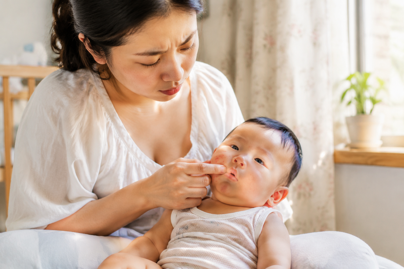 A young Chinese mother looking worried while gently checking the skin of her cute 6-month-old Chinese baby. The baby is wearing light summer clothes. Bright natural summer light pouring through the window, warm and soft tones. High quality, ultra-realistic, 8k resolution, photography by Sony A7R4, emotional portrait, photorealistic.