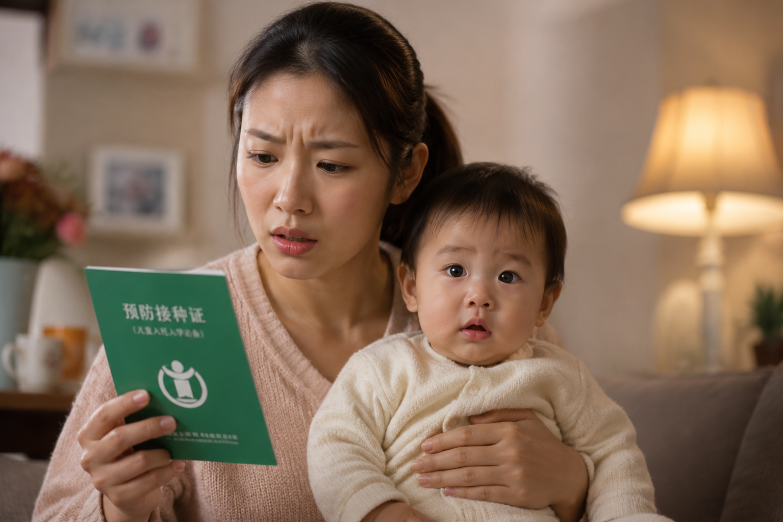 A young Chinese mother looking worried and confused while holding a cute Chinese baby with a slight runny nose, she is holding a green vaccine record book in her other hand. Warm and soft indoor lighting, cozy modern living room background. Photorealistic, highly detailed facial expressions, cinematic lighting, shot on 35mm lens, 8k resolution. --ar 3:4