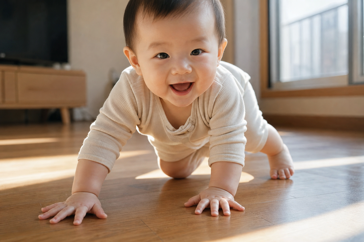 Close up of a cute 10-month-old Chinese baby barefoot crawling on a clean wooden floor, focus on the chubby little bare feet gripping the floor, bright natural sunlight from the window, happy and active vibe, highly detailed, photorealistic, cinematic lighting.