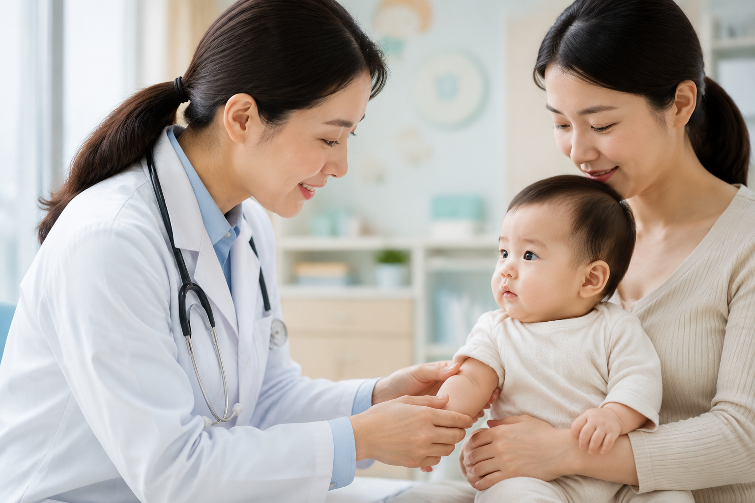 A gentle Chinese female pediatrician in a white coat smiling and carefully checking a cute Chinese baby's arm. The baby is sitting on the Chinese mother's lap, looking calm and curious. Soft pastel colors, bright modern clinic background, highly realistic, warm and reassuring atmosphere, photorealistic portrait, 8k resolution. --ar 4:3