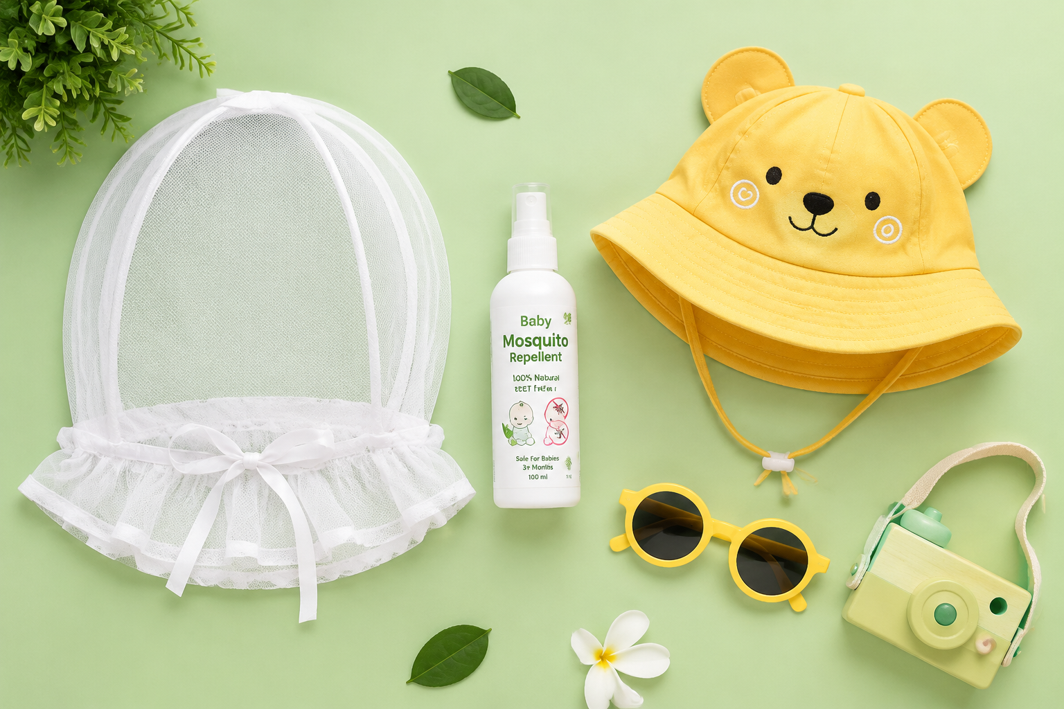 A flat lay composition of baby summer outdoor essentials, including a white baby mosquito net, a bottle of safe mosquito repellent spray, and a cute yellow sun hat, arranged neatly on a pastel green background, bright studio lighting, commercial product photography style, ultra-clear, 8k.