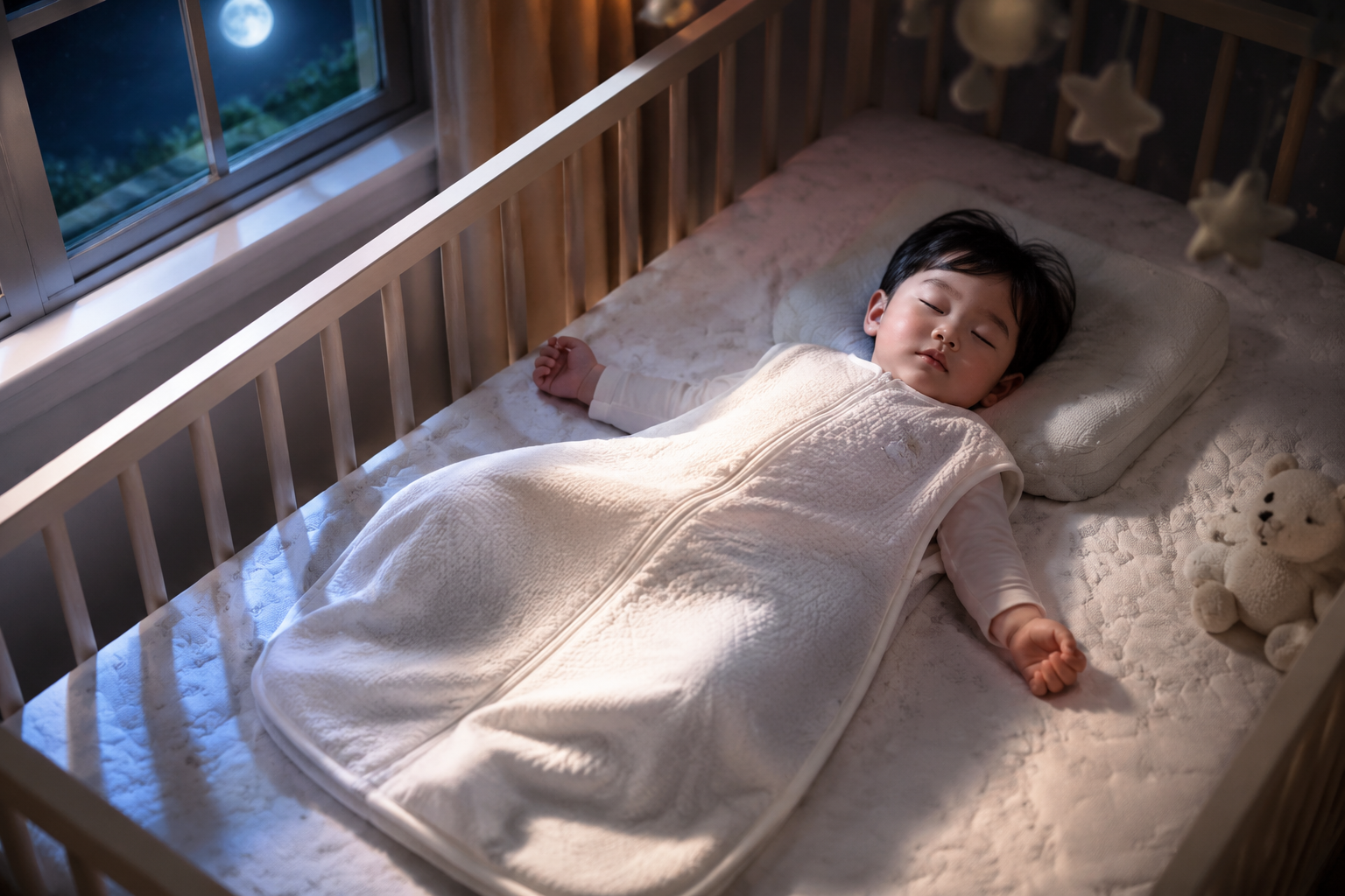 A cute Chinese toddler peacefully sleeping in a breathable, light-colored baby sleeping bag, cozy nursery room setting with moonlight streaming through the window, peaceful expression, comfortable posture, high quality, soft cinematic lighting, warm pastel tones, photorealistic --ar 3:4 --v 6.0