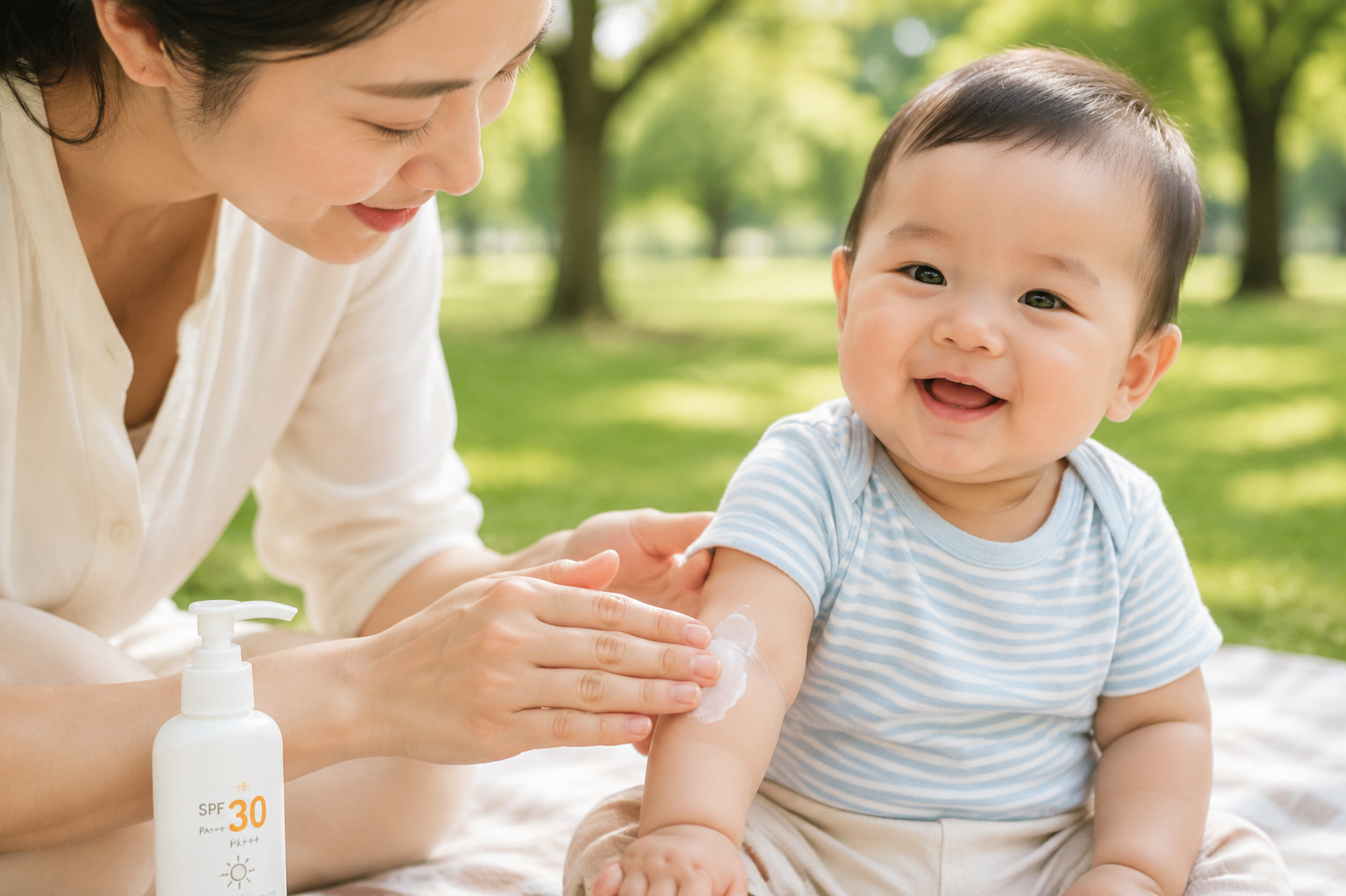 A gentle Chinese mother applying sunscreen lotion on the chubby arm of her 8-month-old baby boy, outdoor park background, soft natural sunlight, focus on the hands and the baby's happy expression, clean and fresh aesthetic, skincare advertisement style, hyper-detailed, photorealistic, DALL-E style --ar 3:4